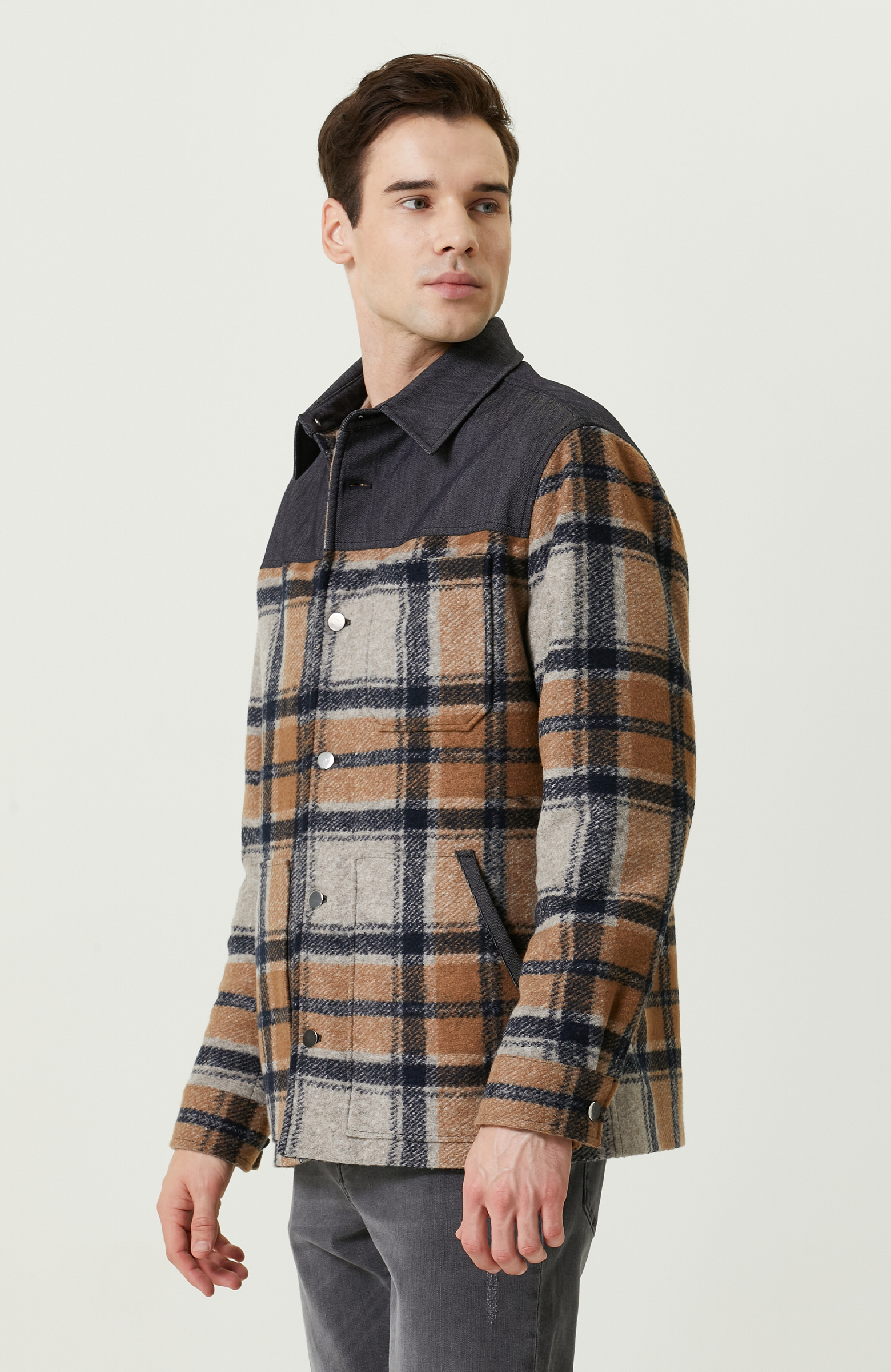 İndigo Gömlek Yaka Ekose Mont