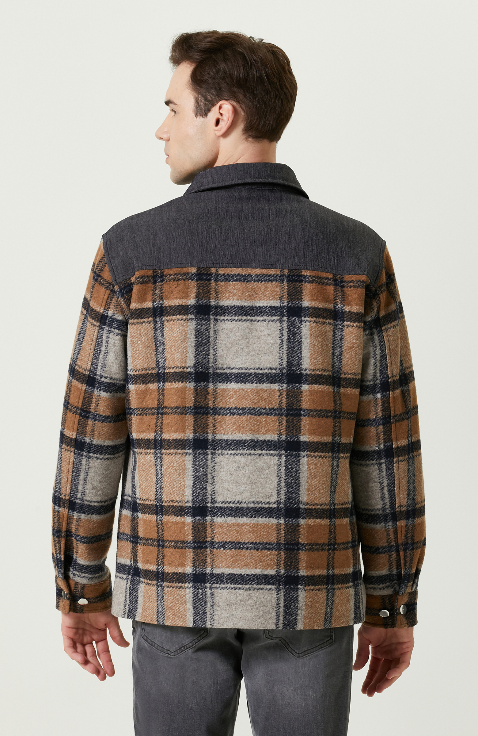 İndigo Gömlek Yaka Ekose Mont