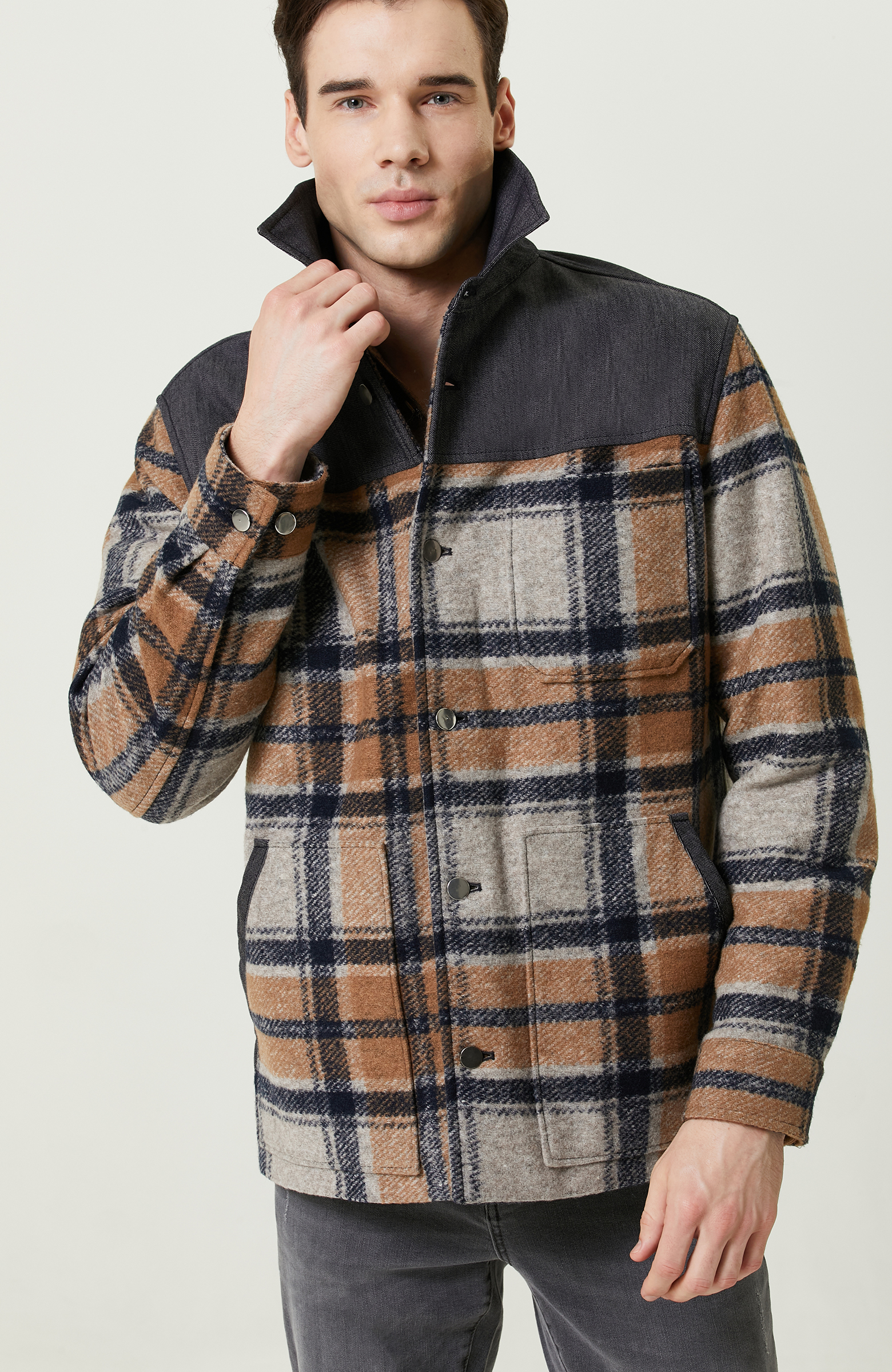 İndigo Gömlek Yaka Ekose Mont