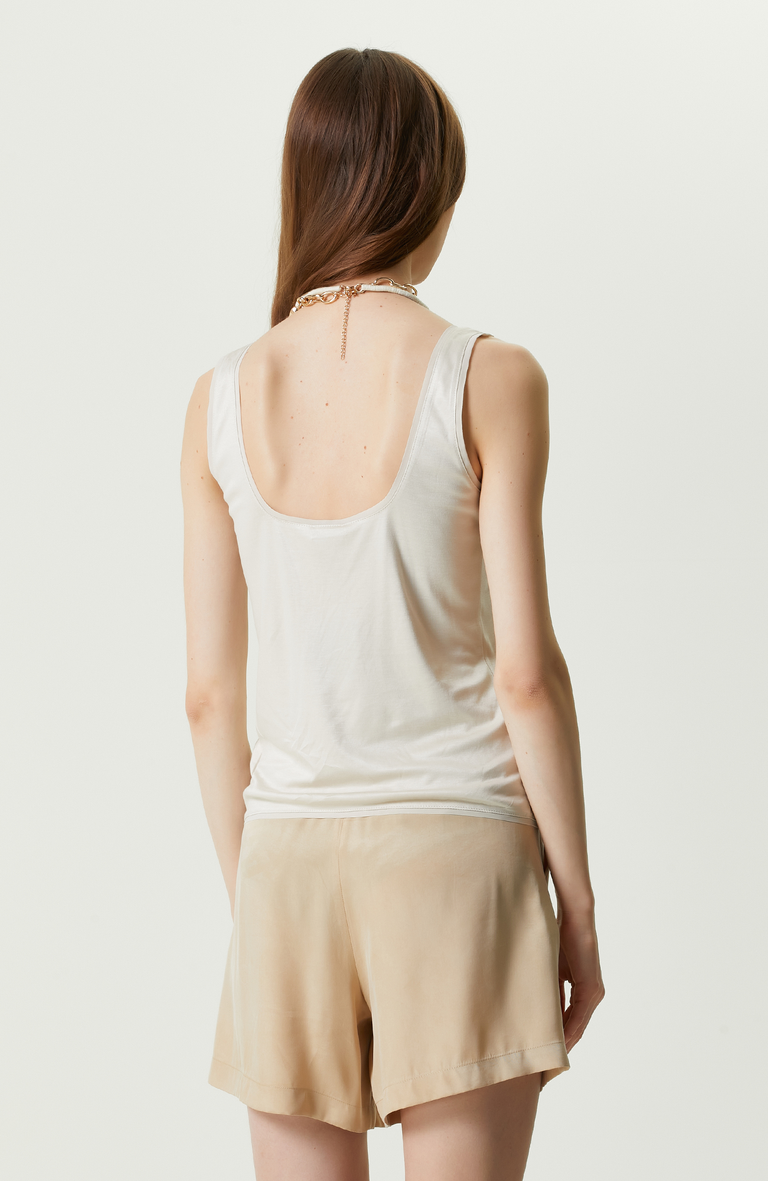 Taş Rengi Kare Yaka Askılı T-shirt