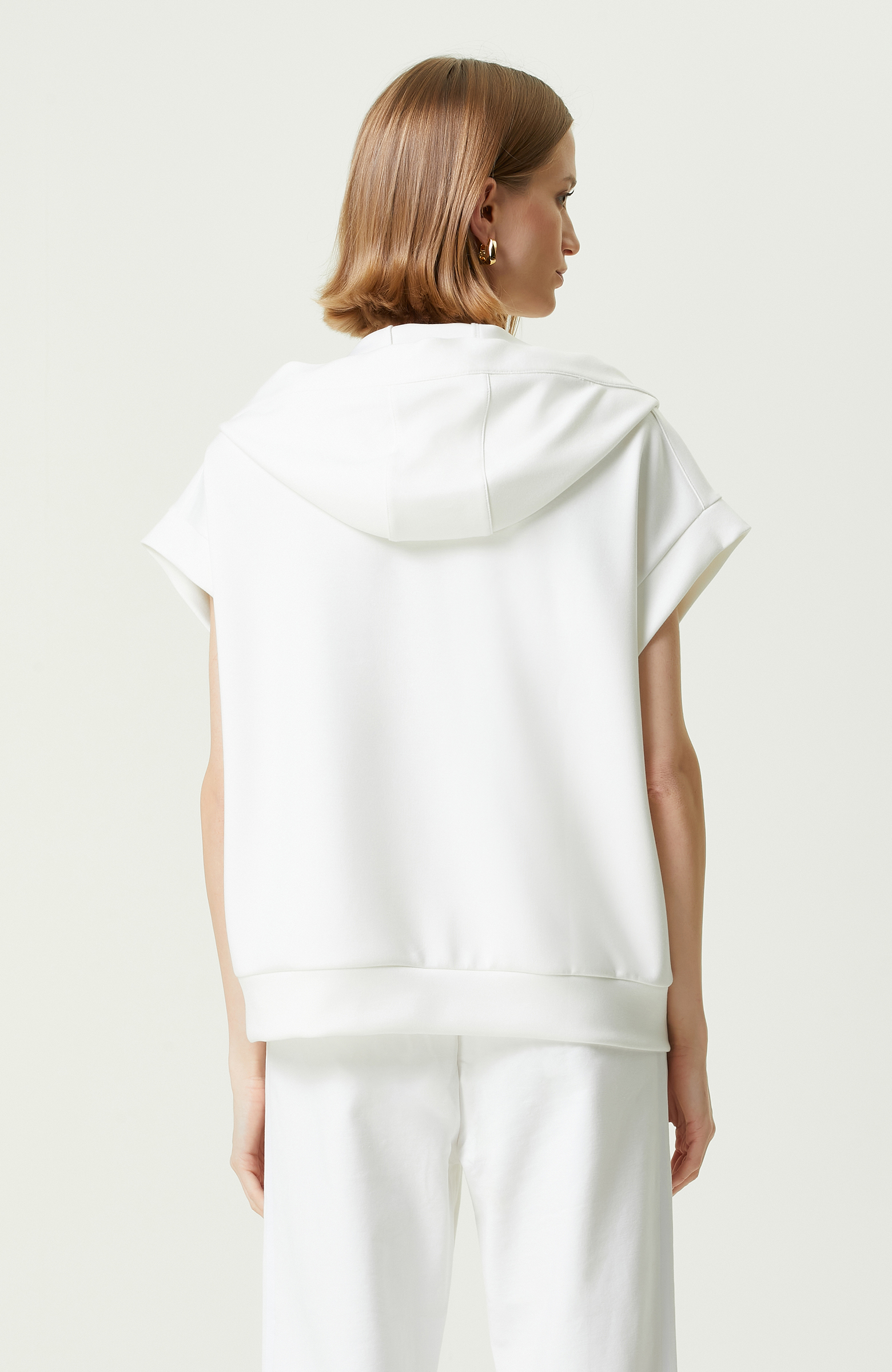 Ekru Kısa Kollu Kapüşonlu Sweatshirt