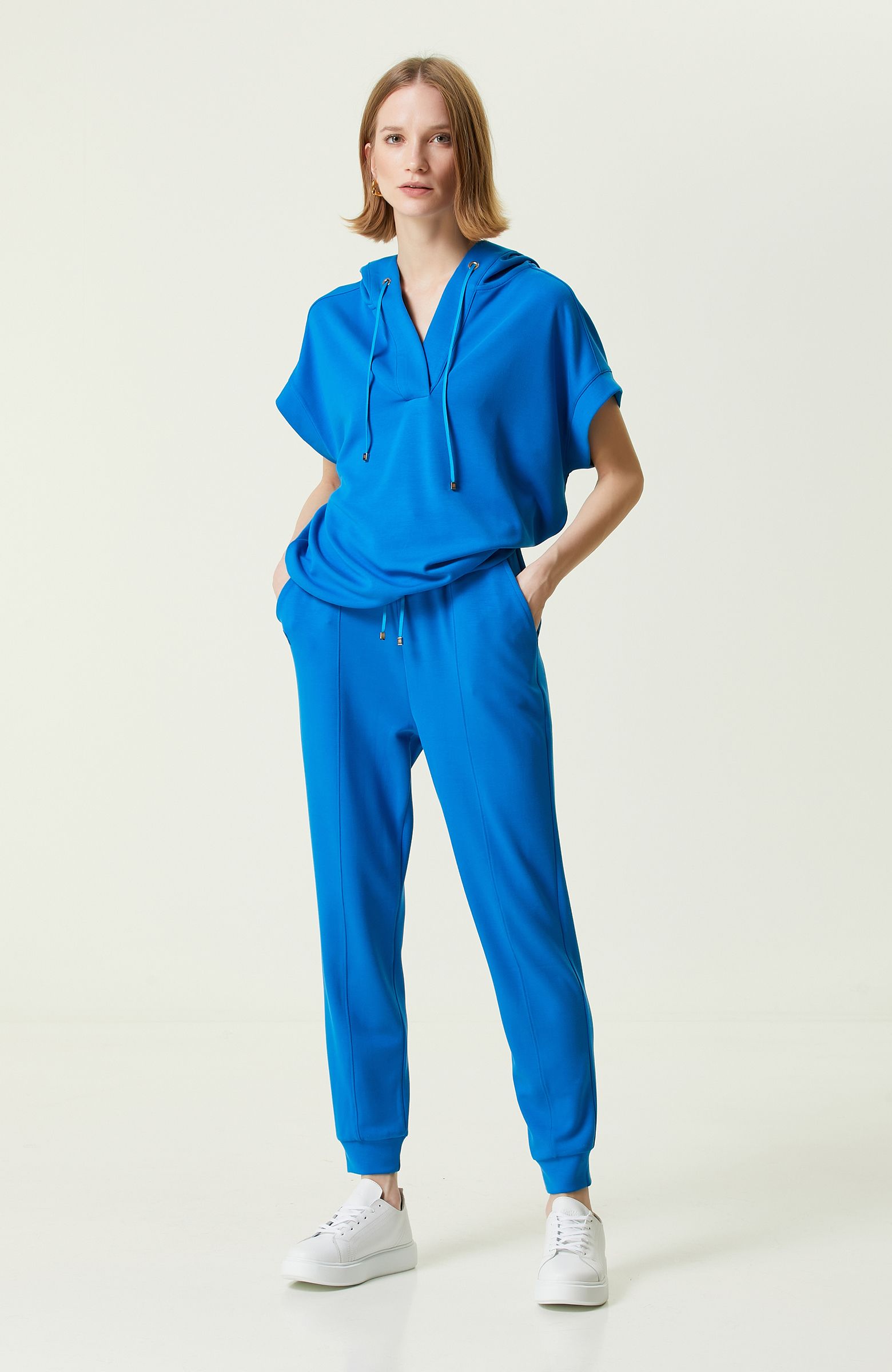 Saks Mavisi Kısa Kollu Kapüşonlu Sweatshirt