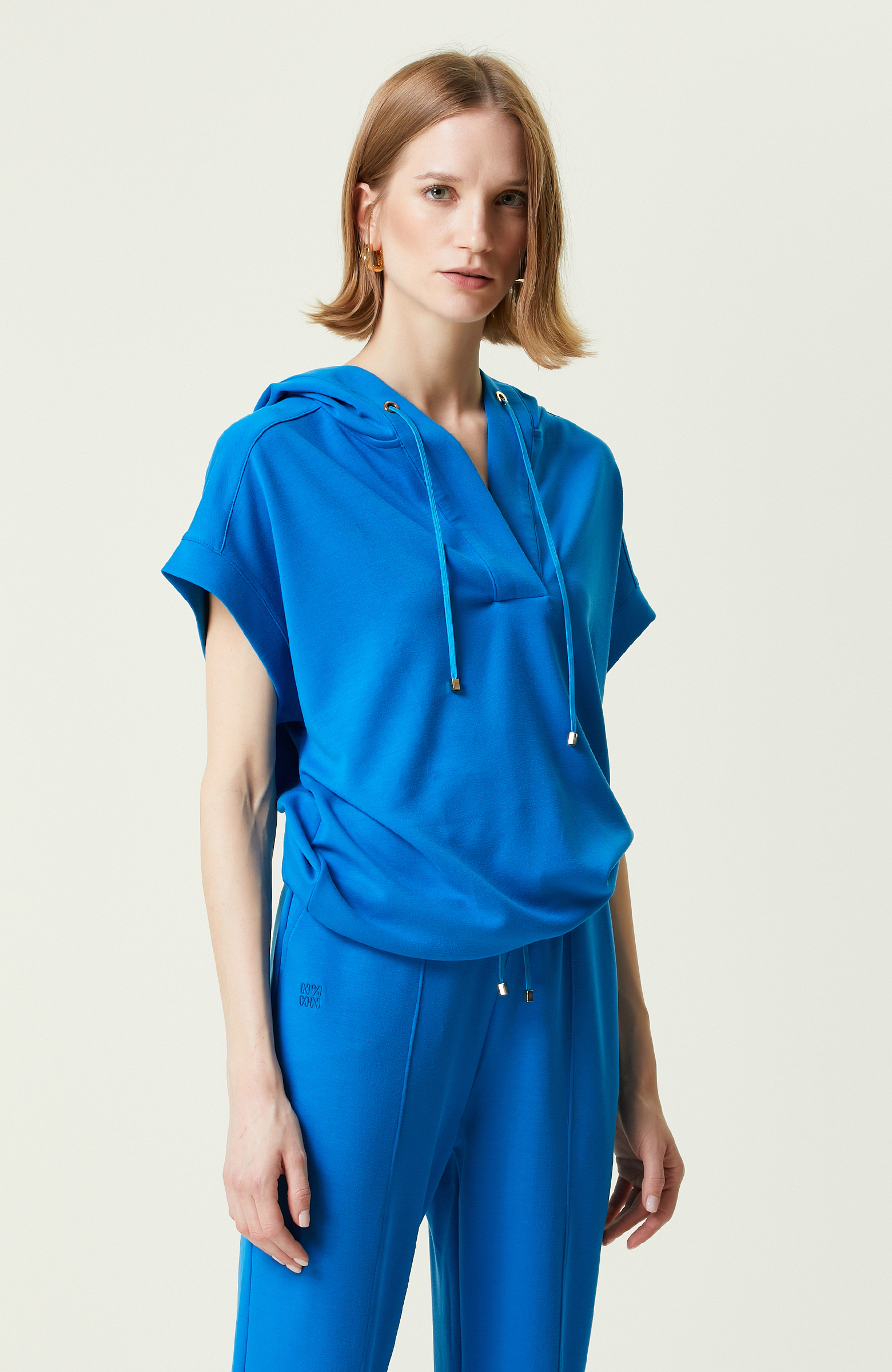 Saks Mavisi Kısa Kollu Kapüşonlu Sweatshirt