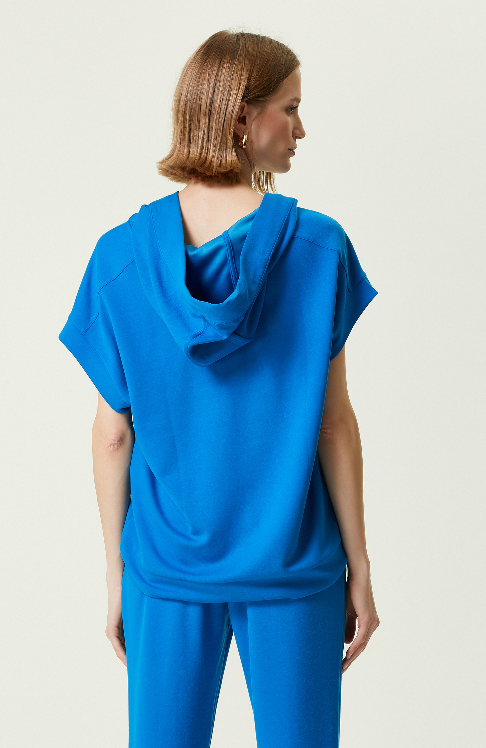 Saks Mavisi Kısa Kollu Kapüşonlu Sweatshirt