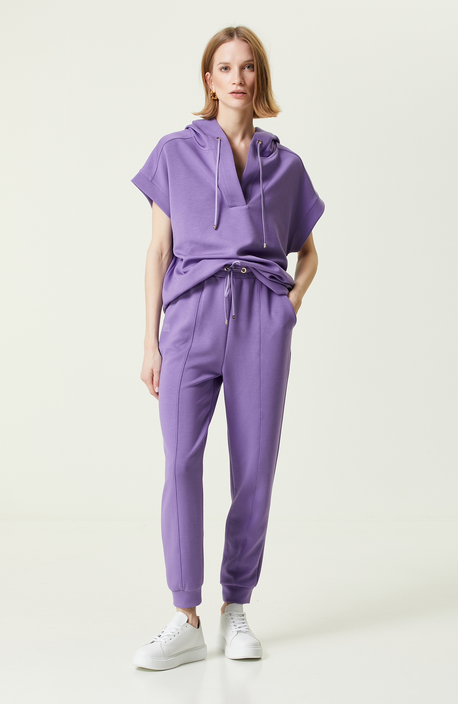 Mor Kısa Kollu Kapüşonlu Sweatshirt