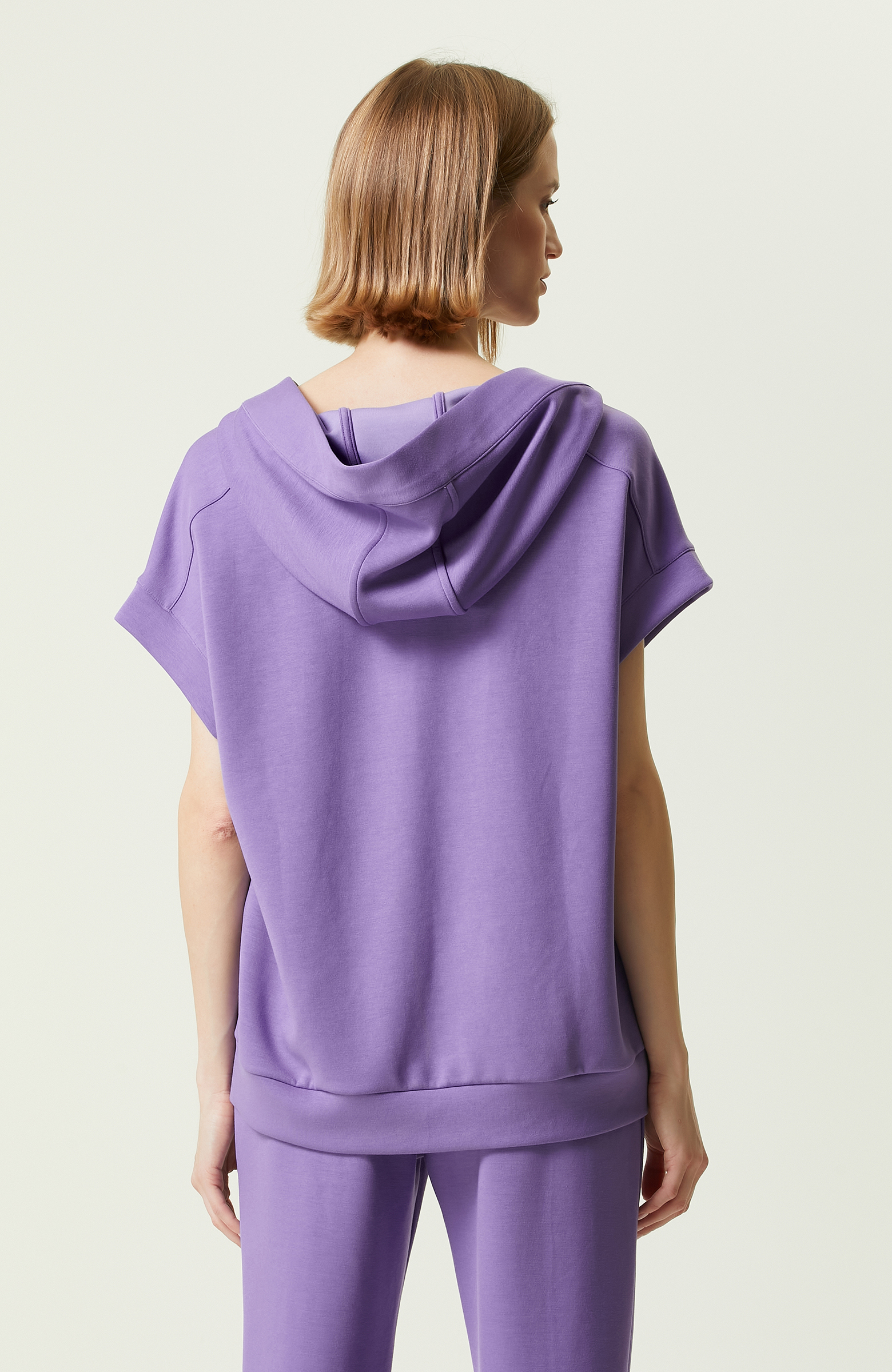 Mor Kısa Kollu Kapüşonlu Sweatshirt