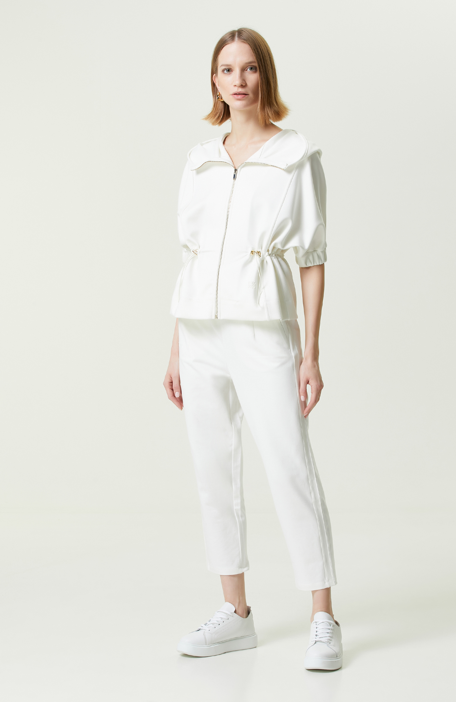 Ekru Kapüşonlu Kısa Kollu Ceket