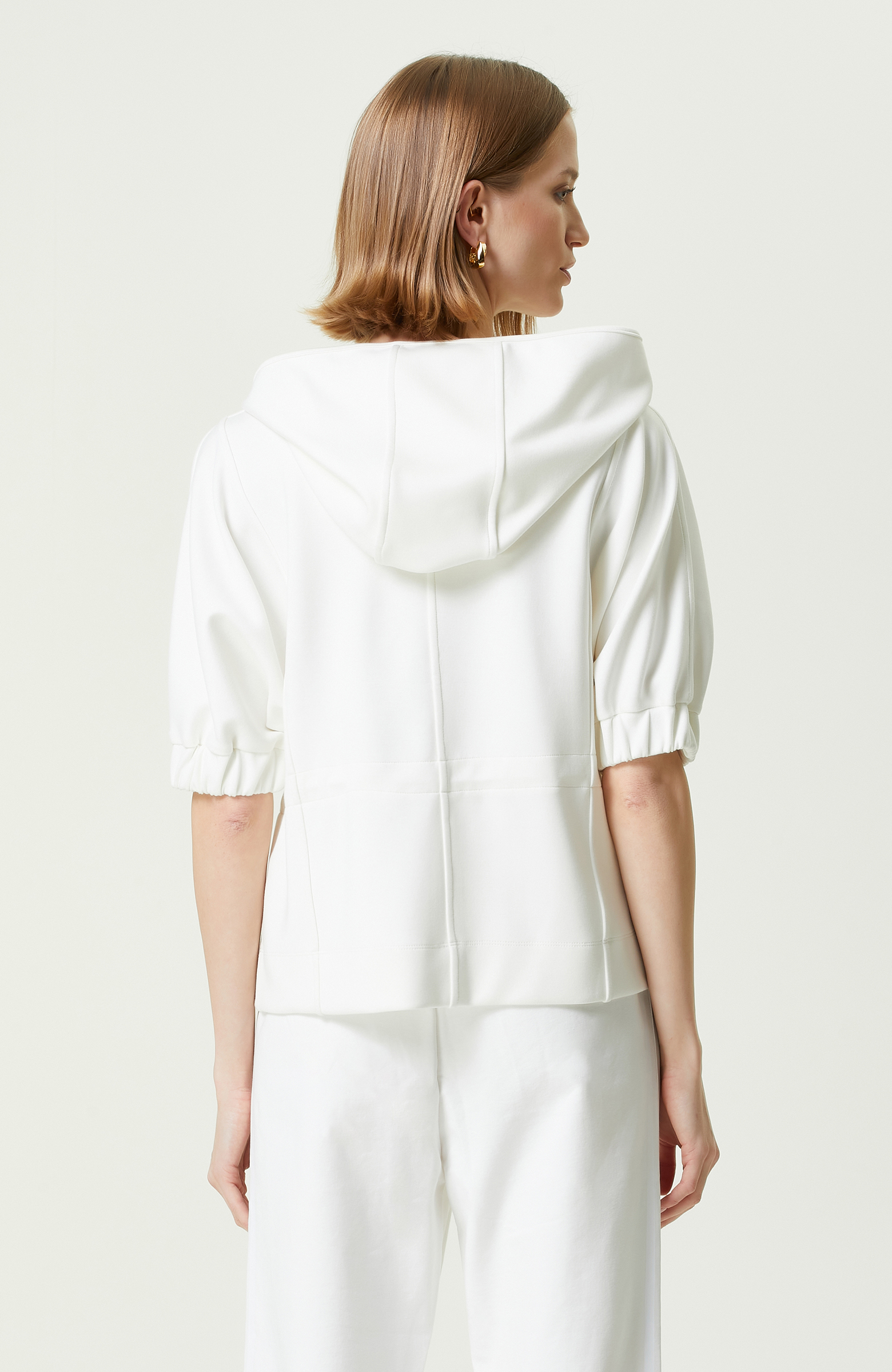 Ekru Kapüşonlu Kısa Kollu Ceket