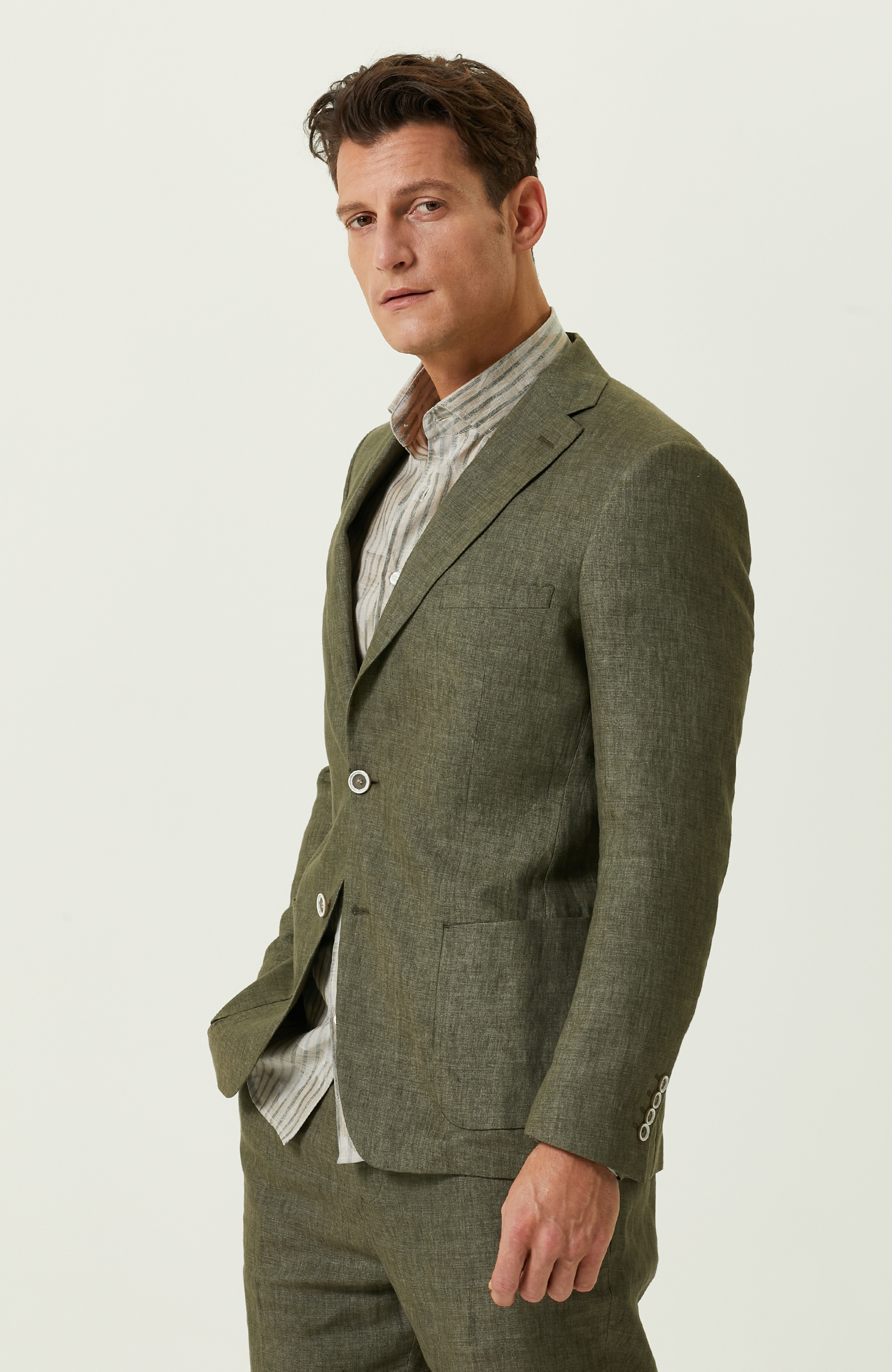 Haki Keten Blazer Ceket