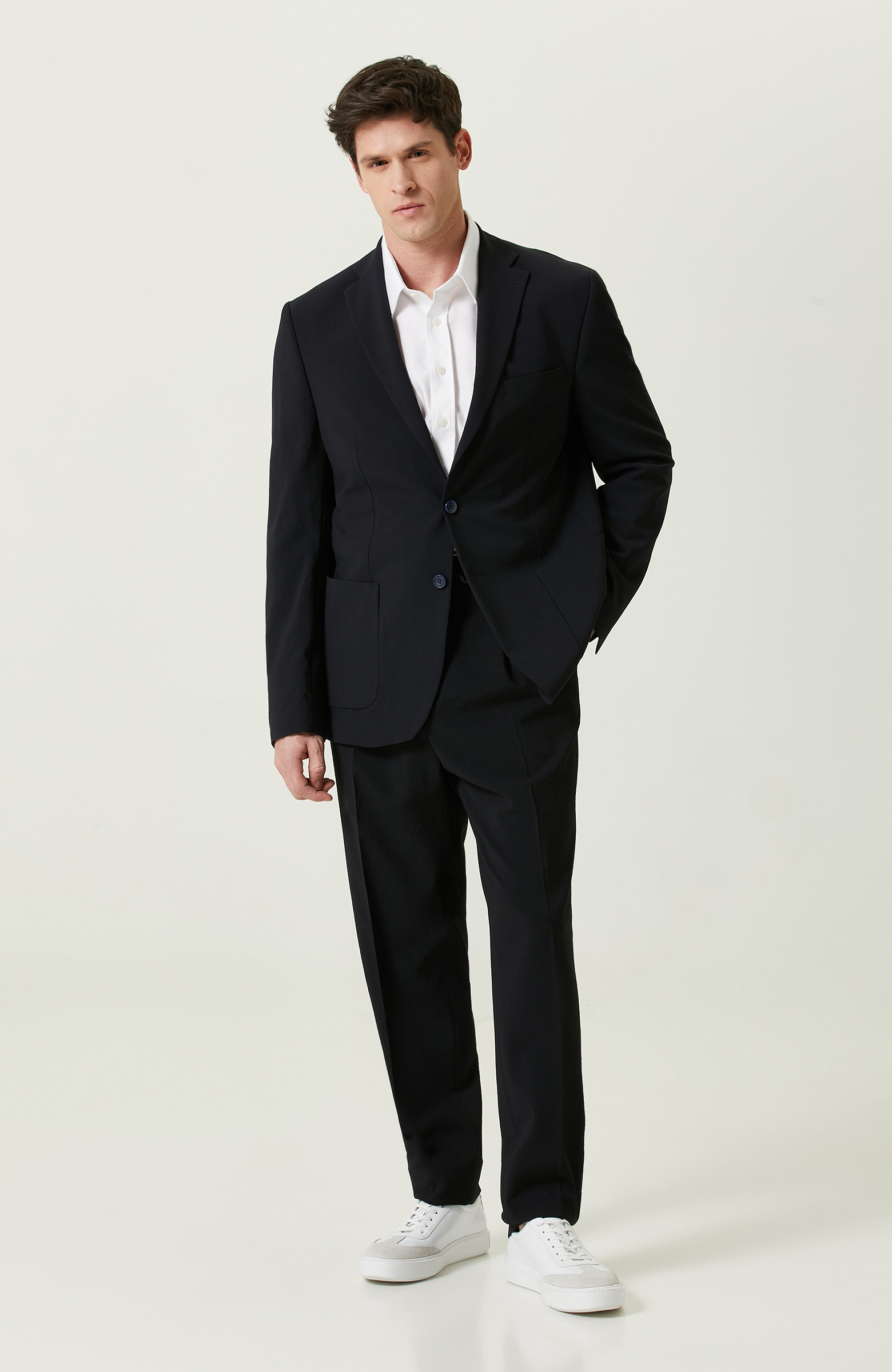 Gofre Desenli Mono Yaka Lacivert Takım Elbise