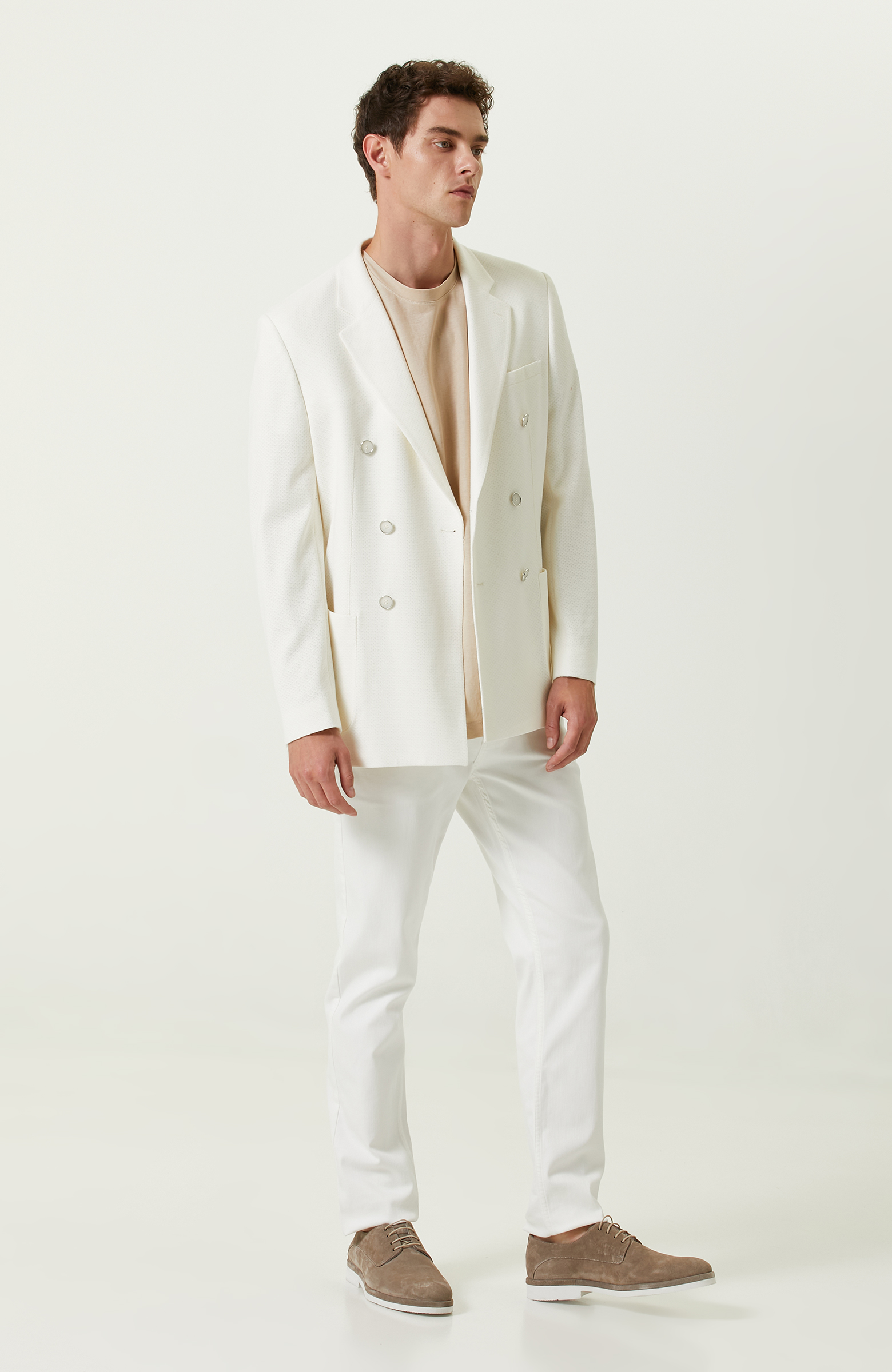 Ekru Pamuklu Kruvaze Ceket