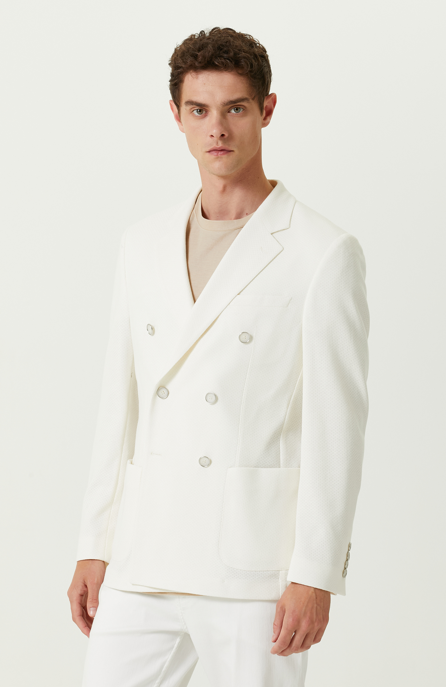 Ekru Pamuklu Kruvaze Ceket