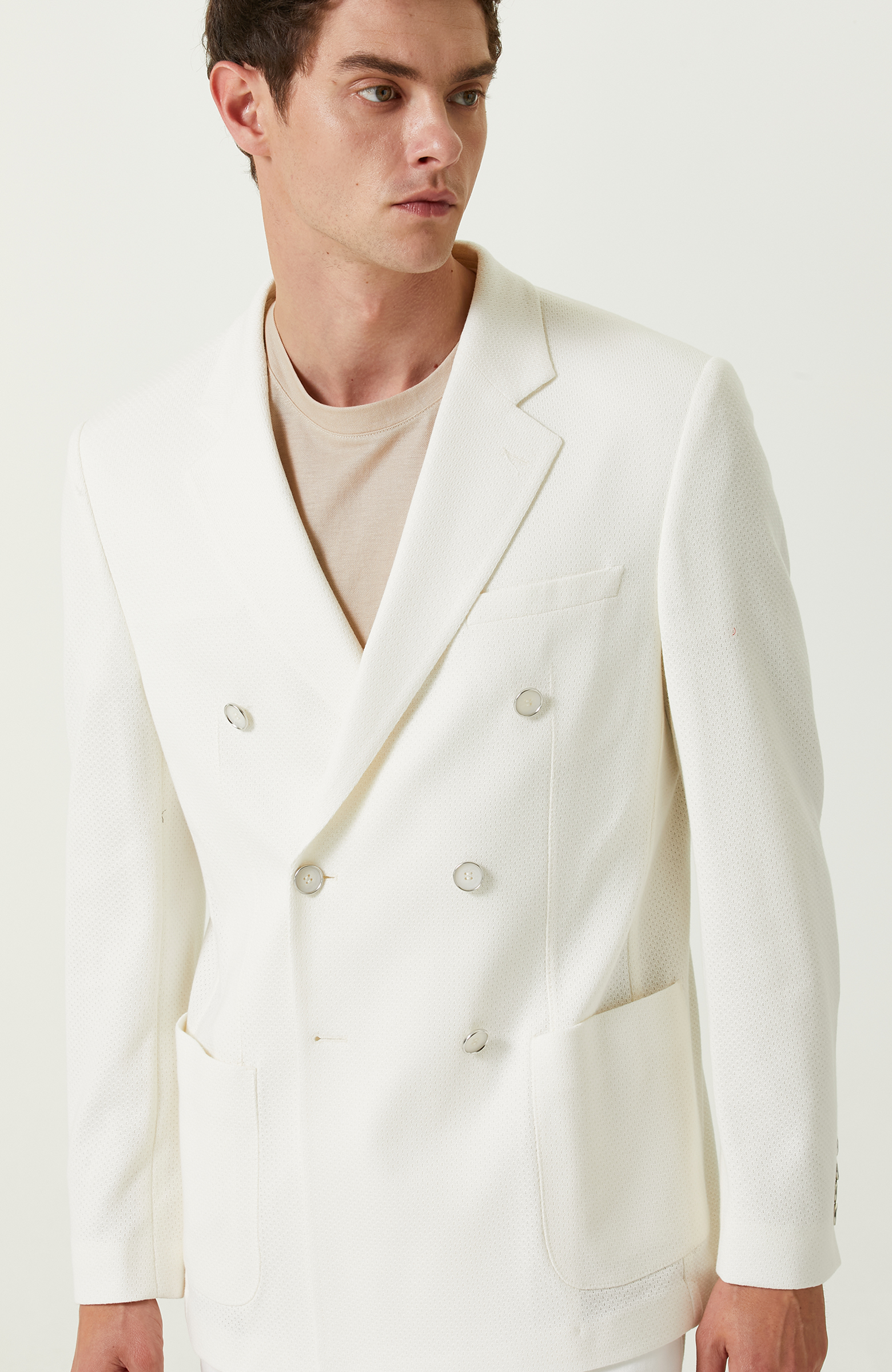 Ekru Pamuklu Kruvaze Ceket