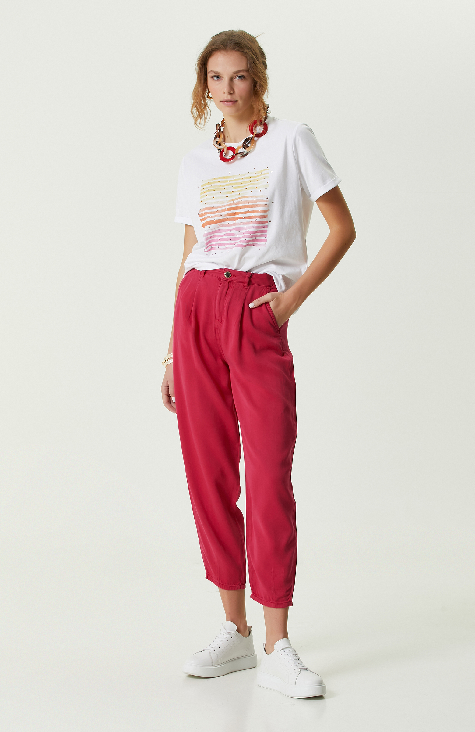 Fuşya Pilili Dar Paça Casual Pantolon