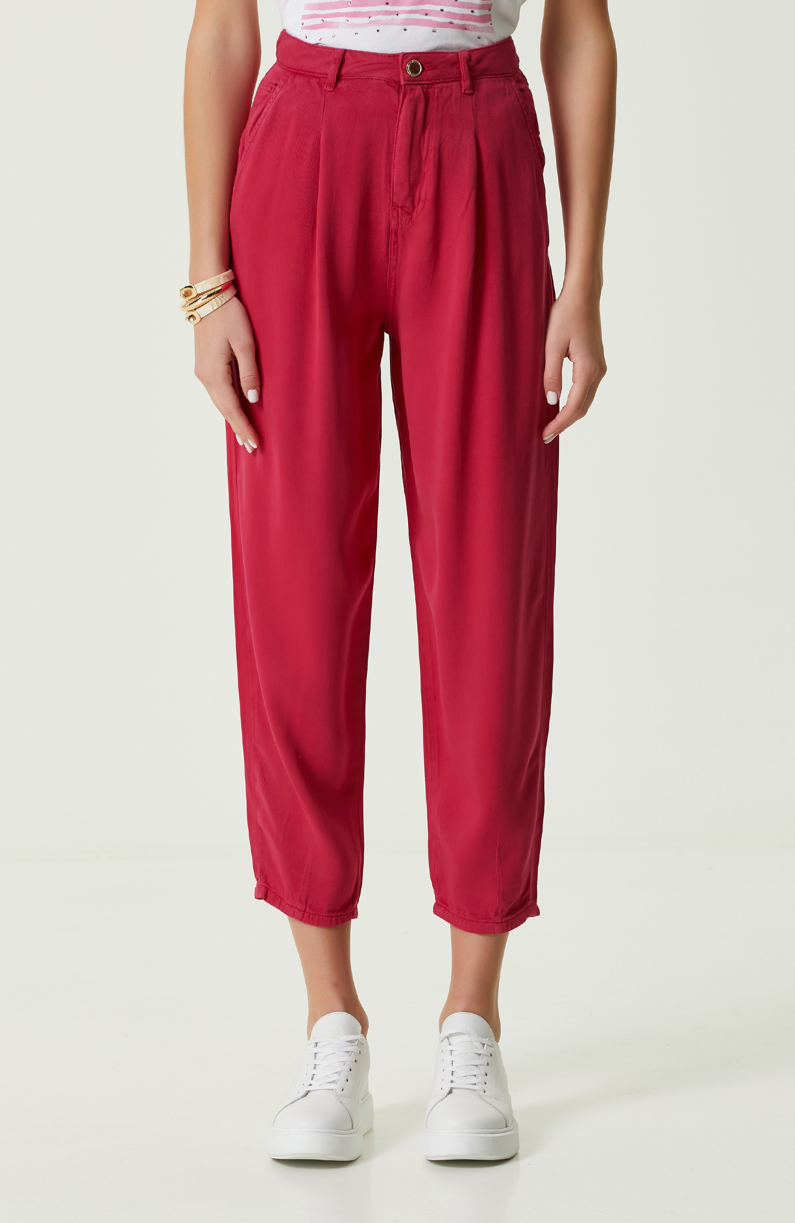 Fuşya Pilili Dar Paça Casual Pantolon