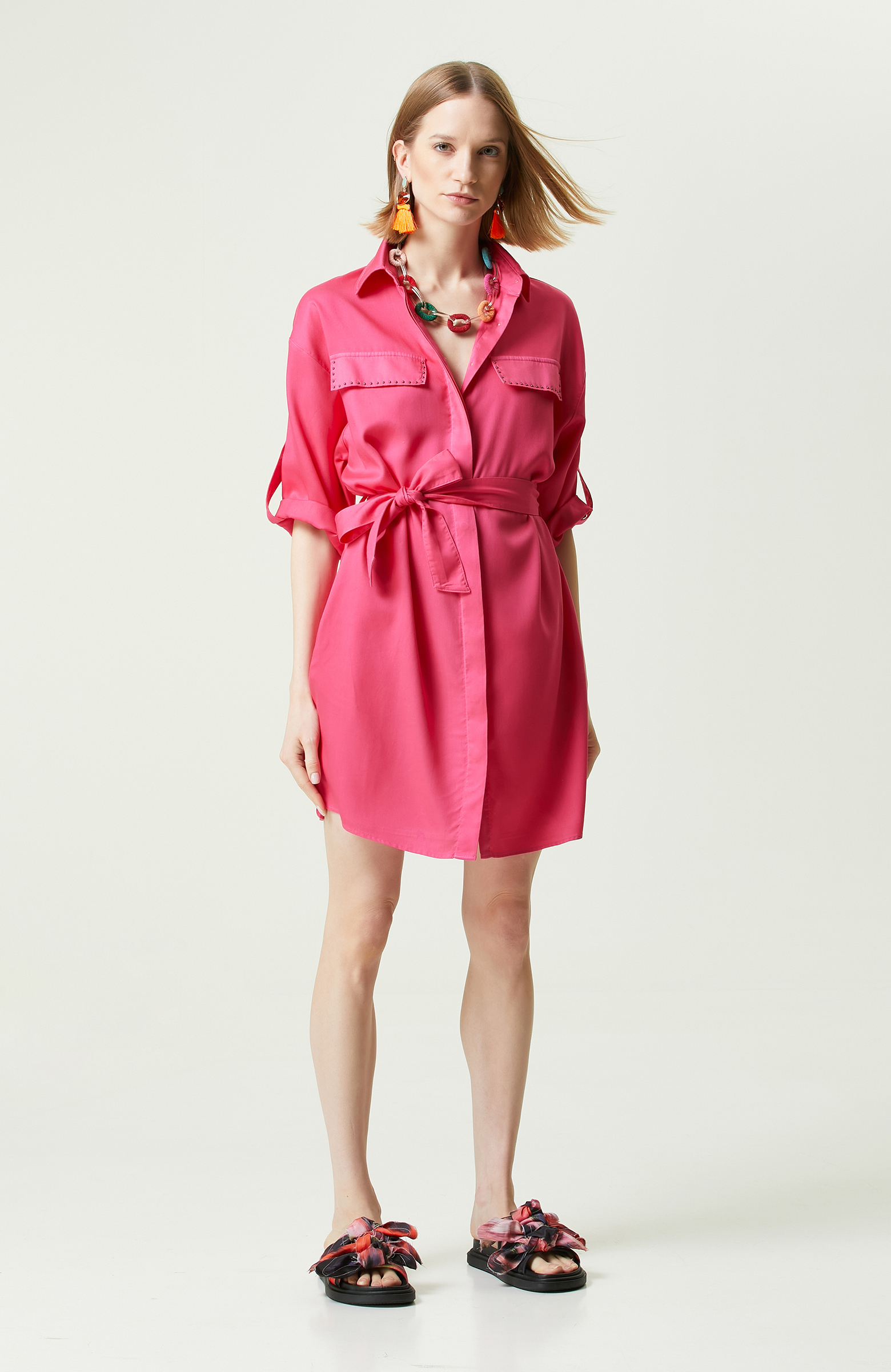 Pembe Kısa Kollu Denim Elbise