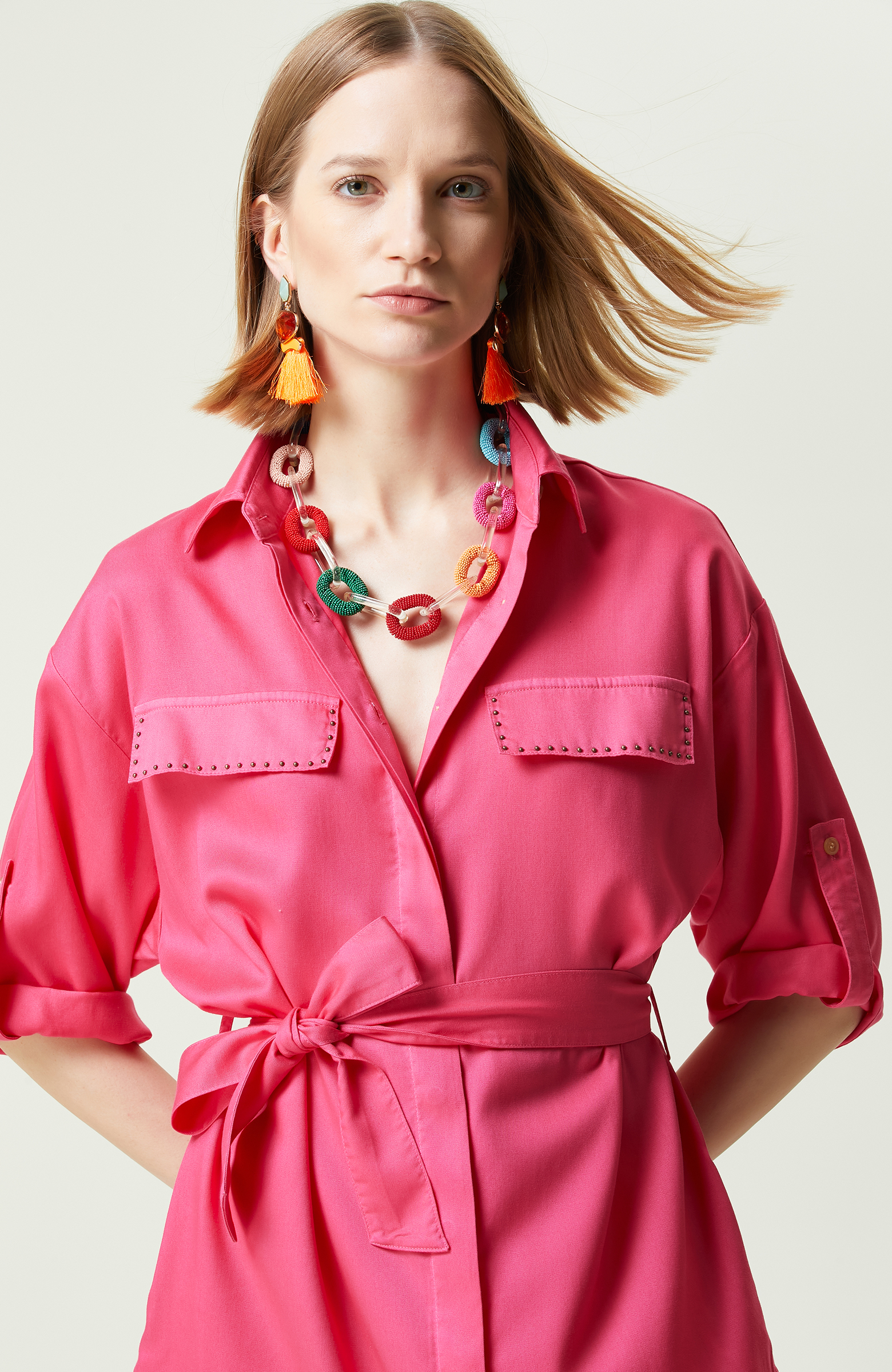 Pembe Kısa Kollu Denim Elbise