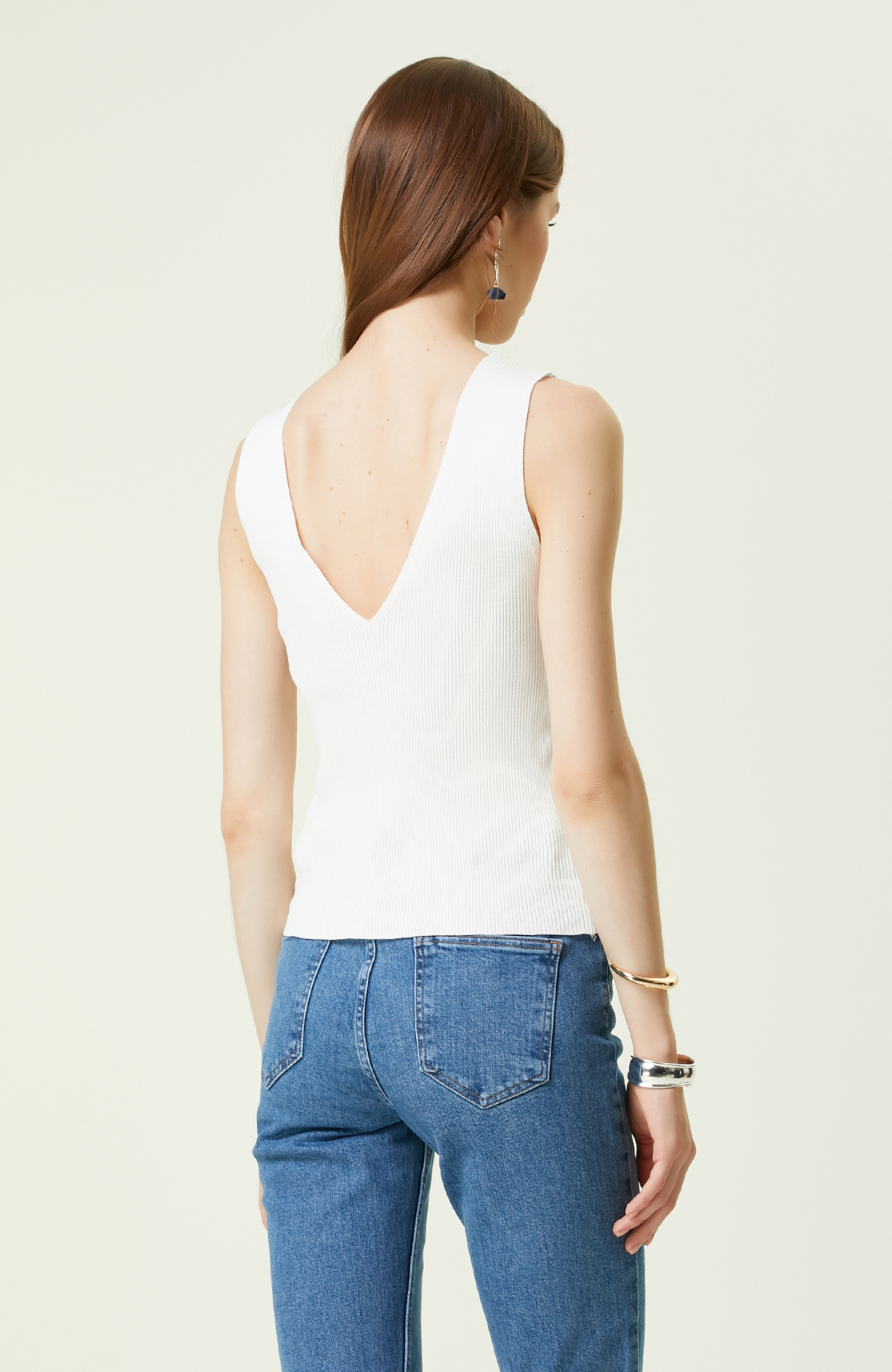 Ekru Askılı V Yaka Triko Atlet