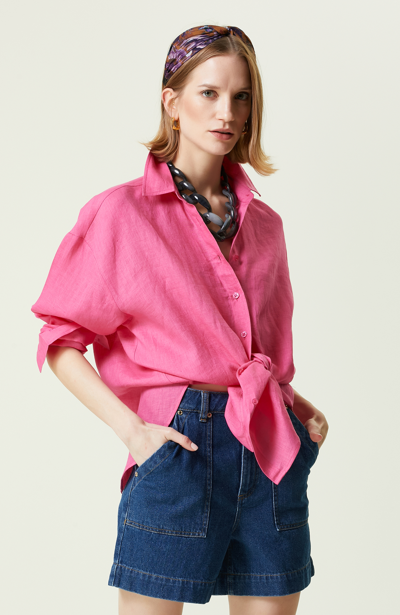 Fuşya Keten Gömlek