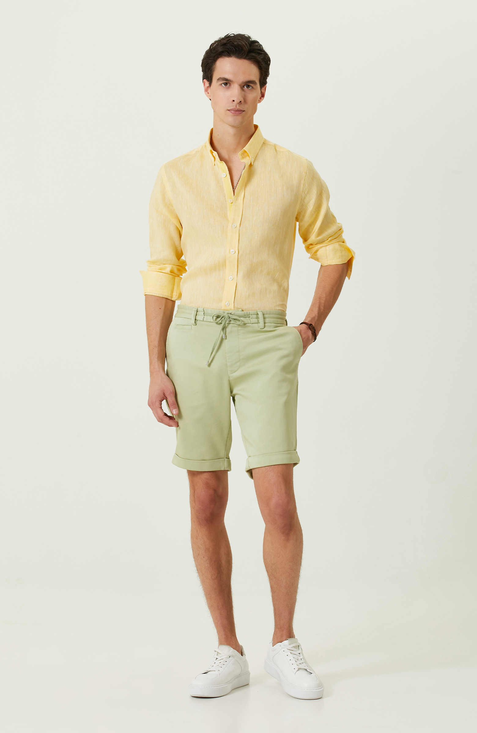 Sarı Uzun Kollu Keten Gömlek