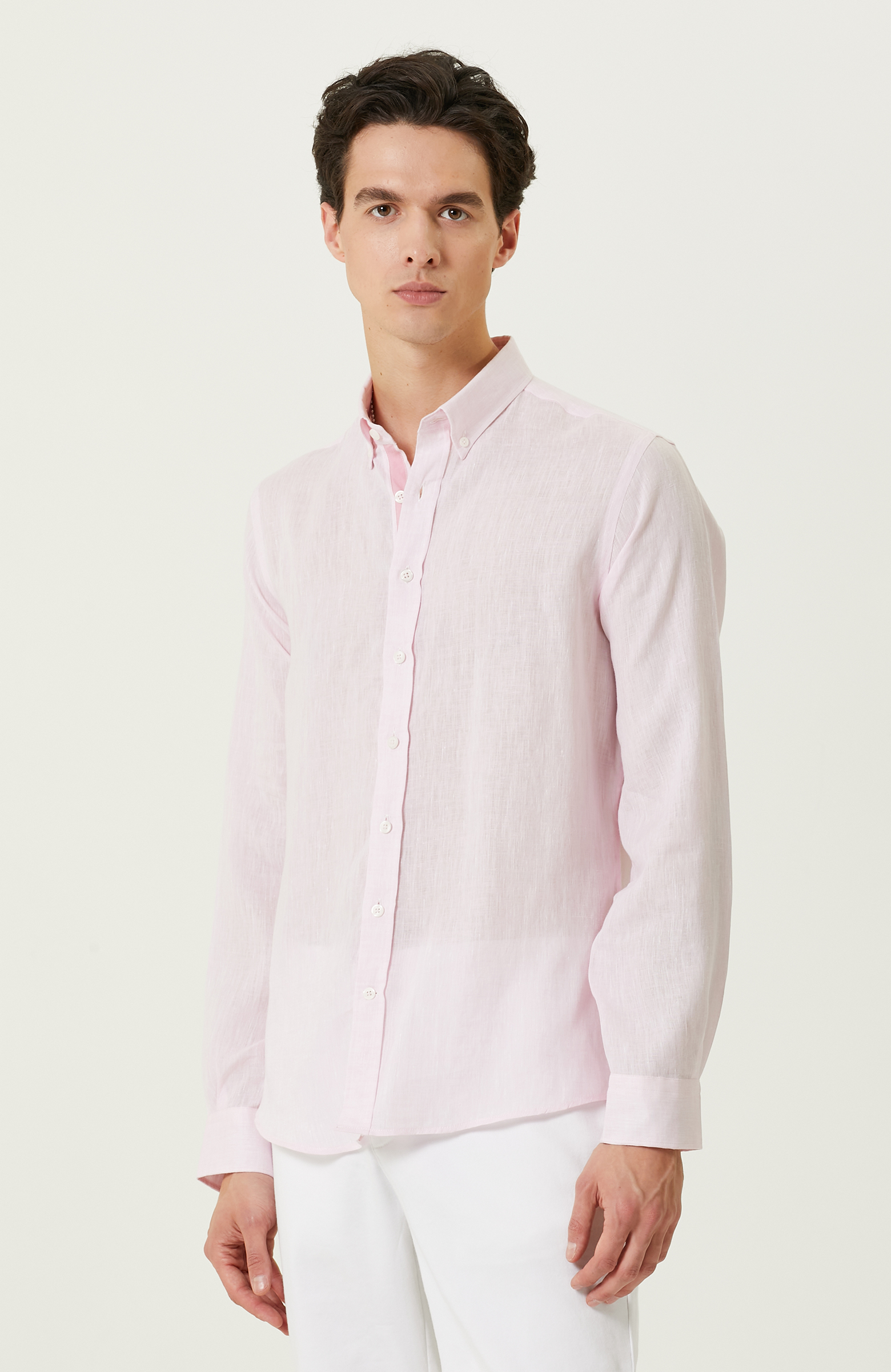 Pembe Uzun Kollu Keten Gömlek