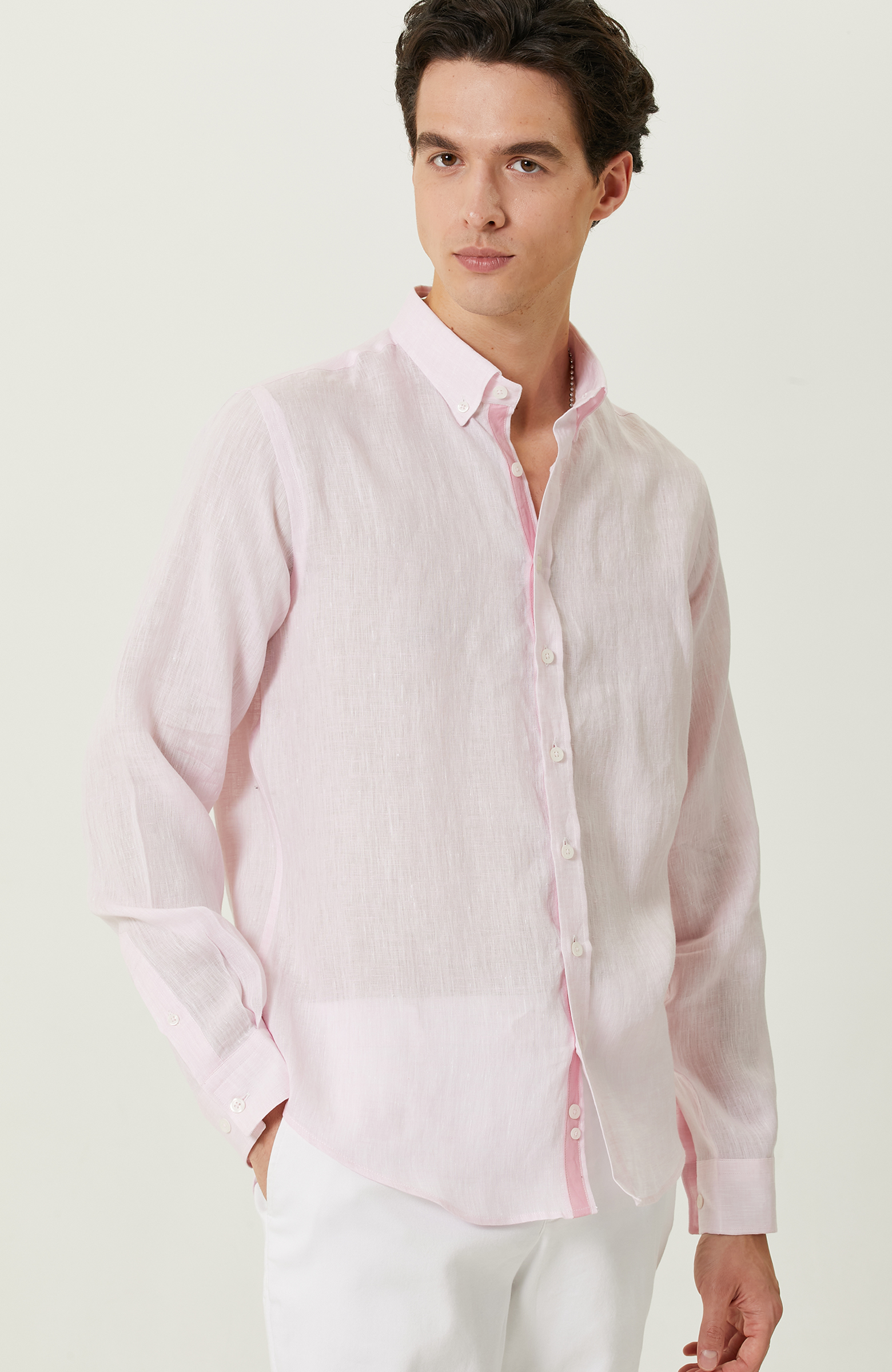 Pembe Uzun Kollu Keten Gömlek