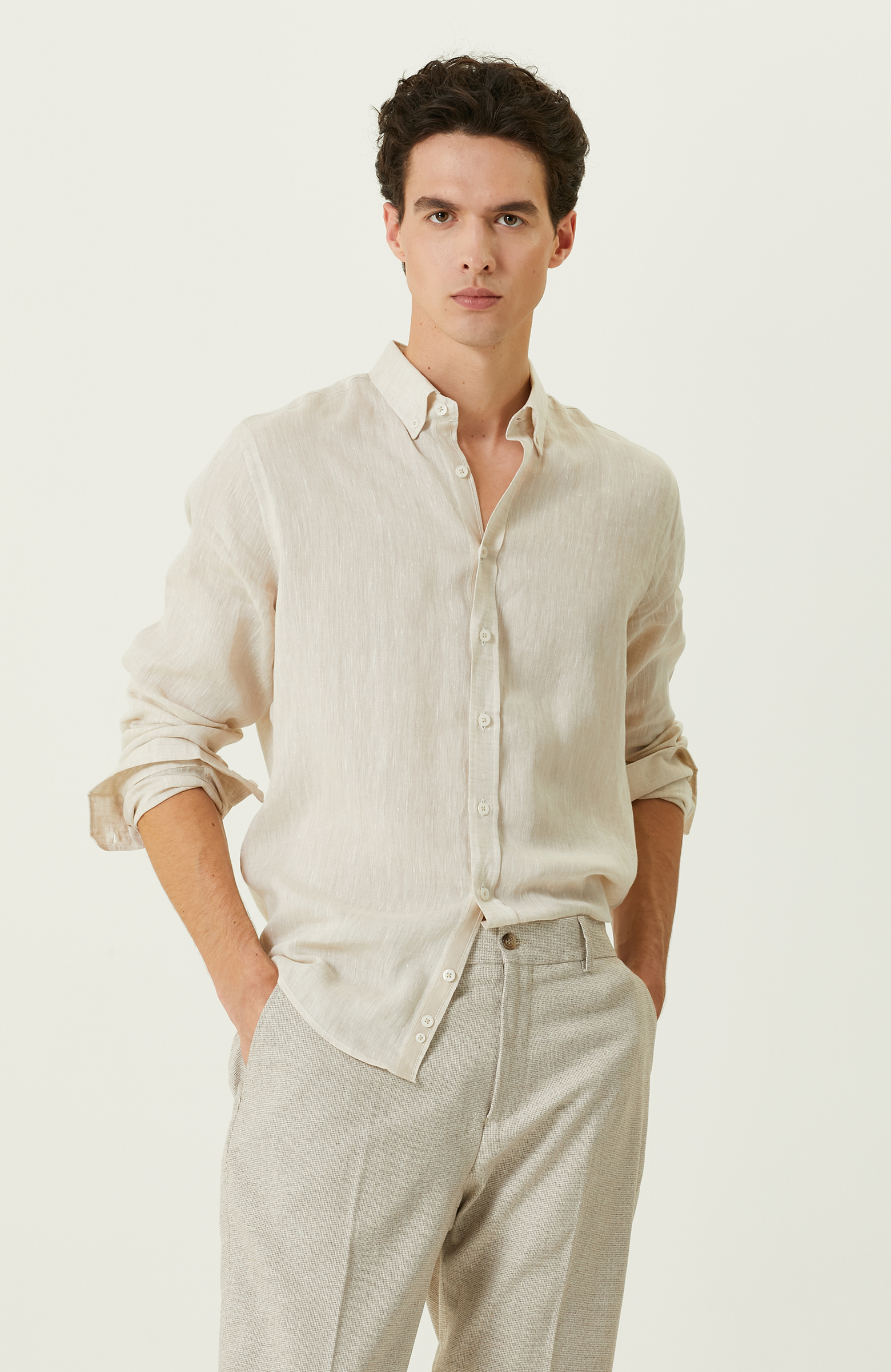 Bej Uzun Kollu Keten Gömlek