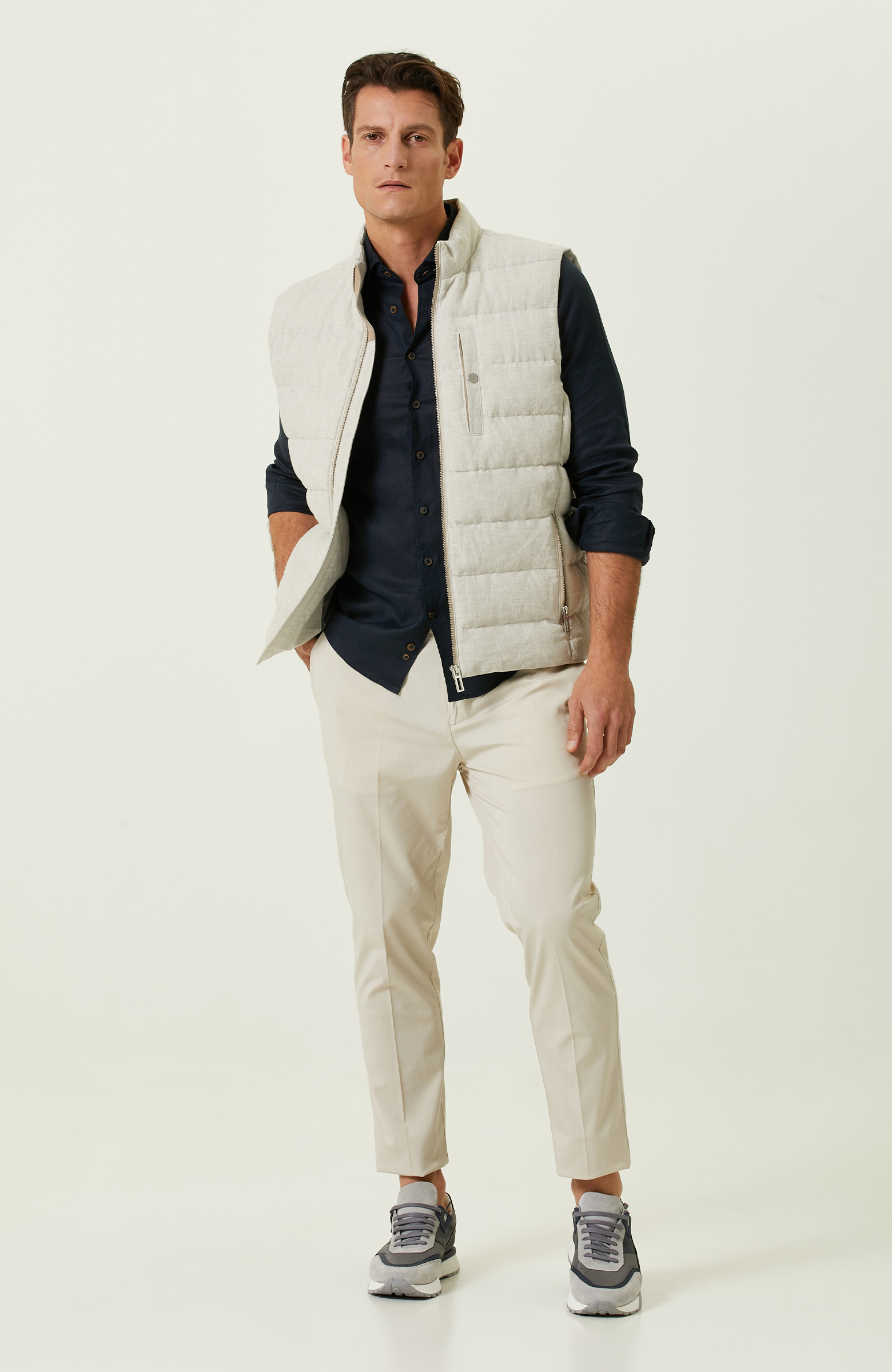 Lacivert Uzun Kollu Keten Gömlek