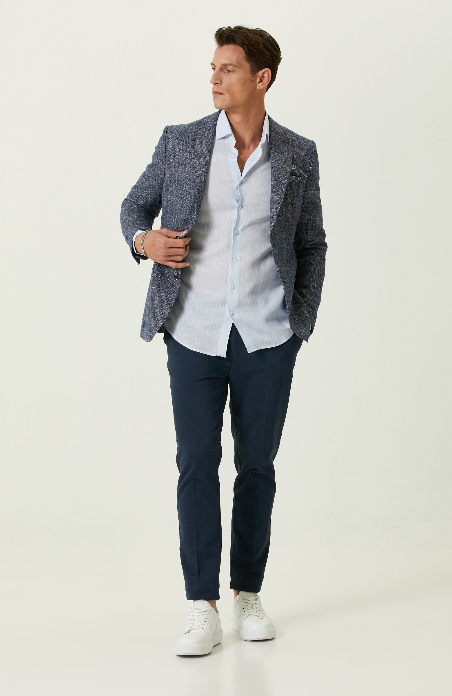 Açık Mavi Uzun Kollu Keten Gömlek