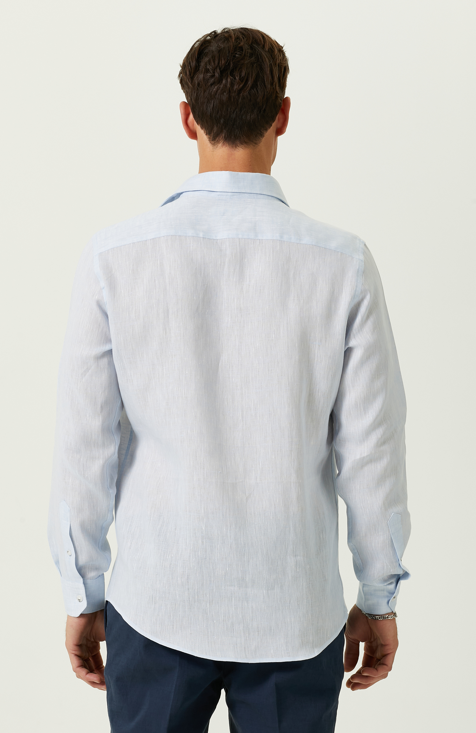 Açık Mavi Uzun Kollu Keten Gömlek