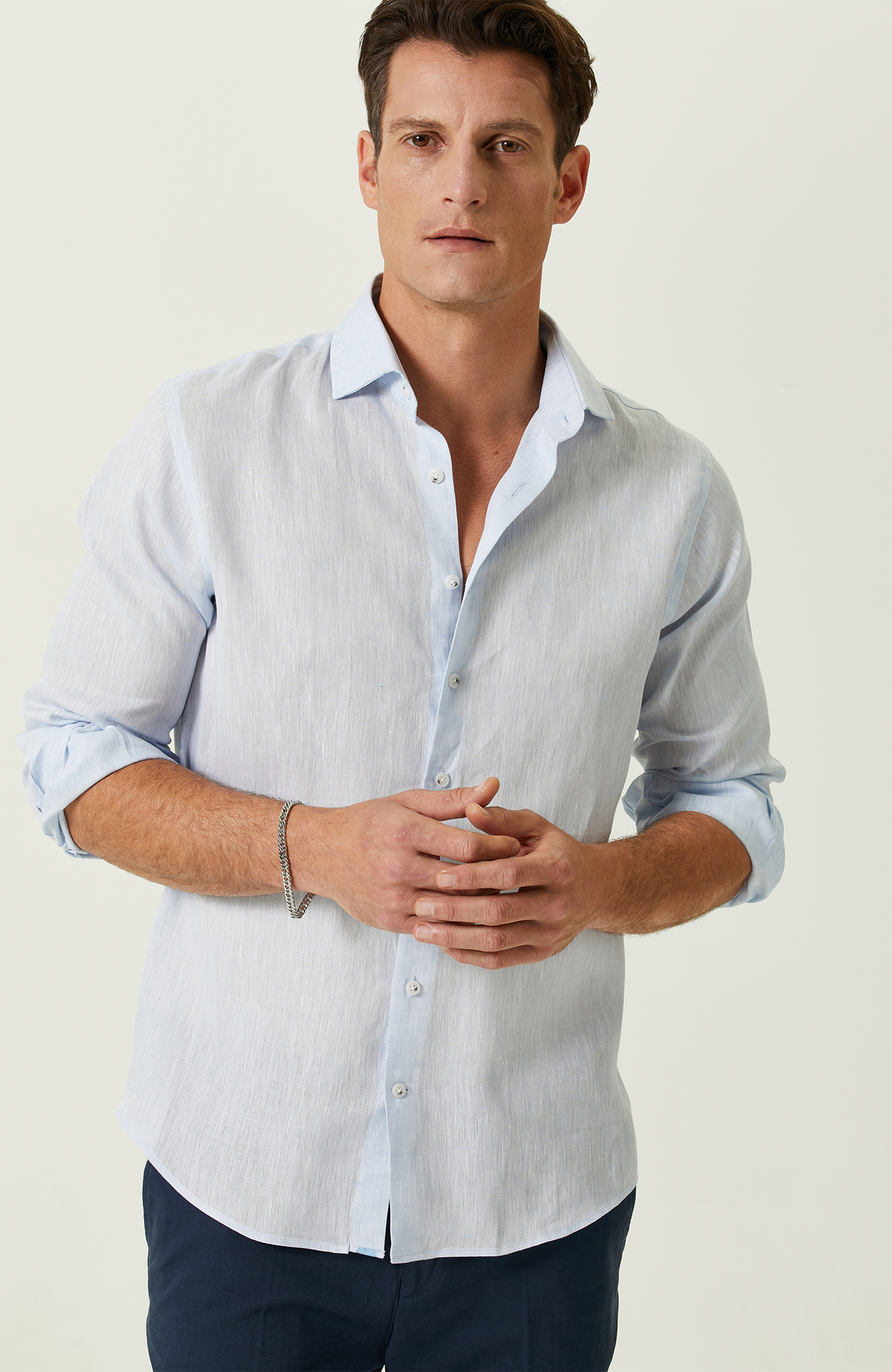 Açık Mavi Uzun Kollu Keten Gömlek