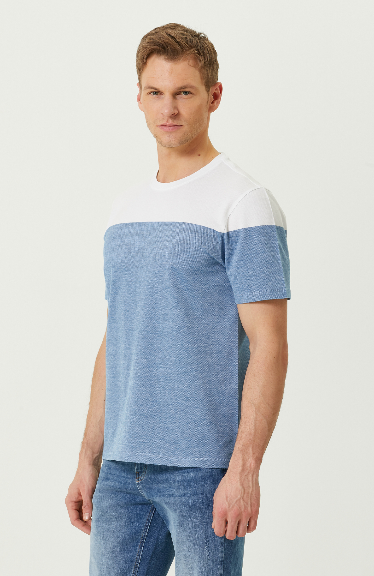 Turkuaz Beyaz Kısa Kollu Bisiklet Yaka T-shirt