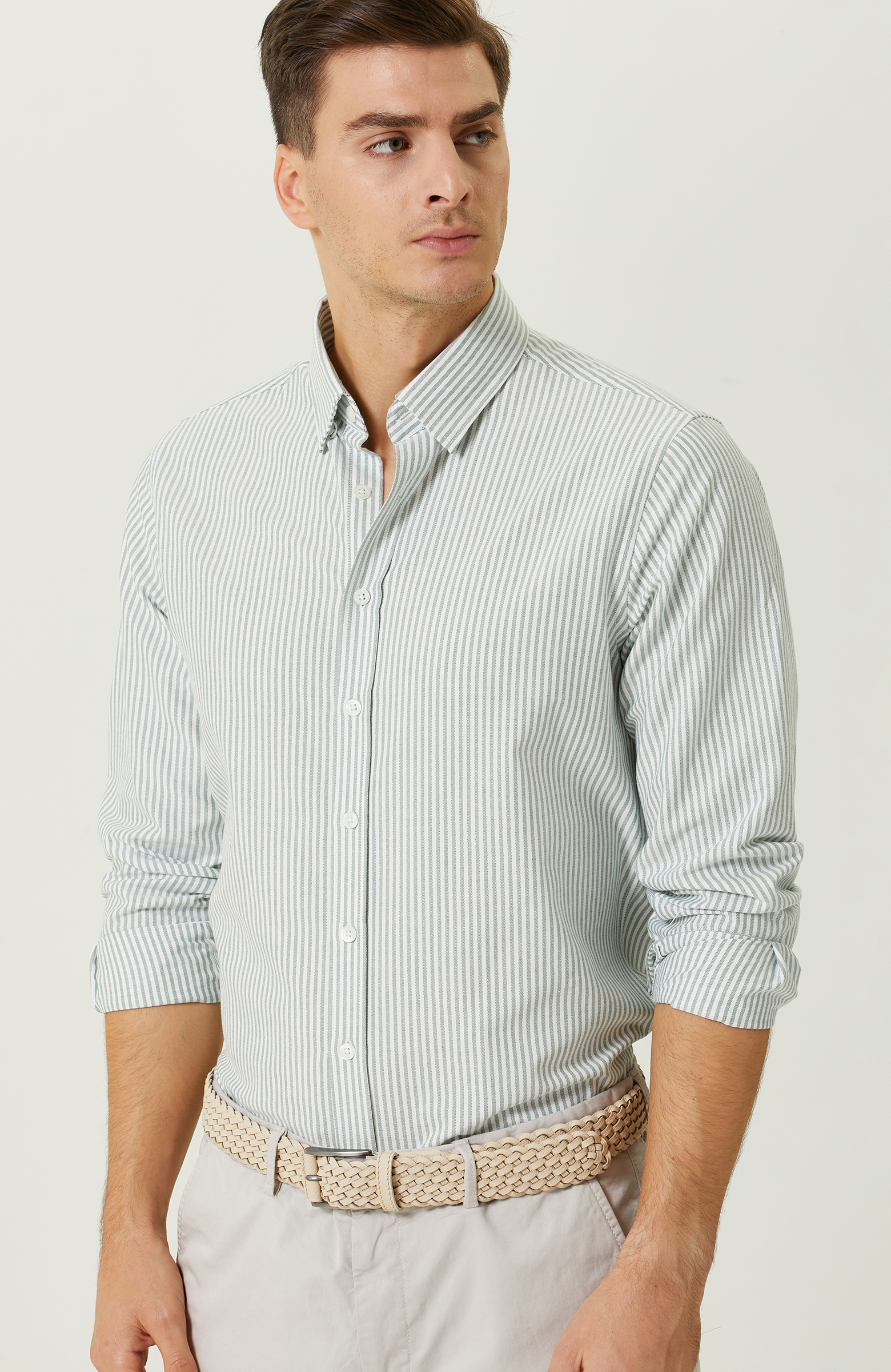 Yeşil-Beyaz Çizgili Uzun Kollu Gömlek