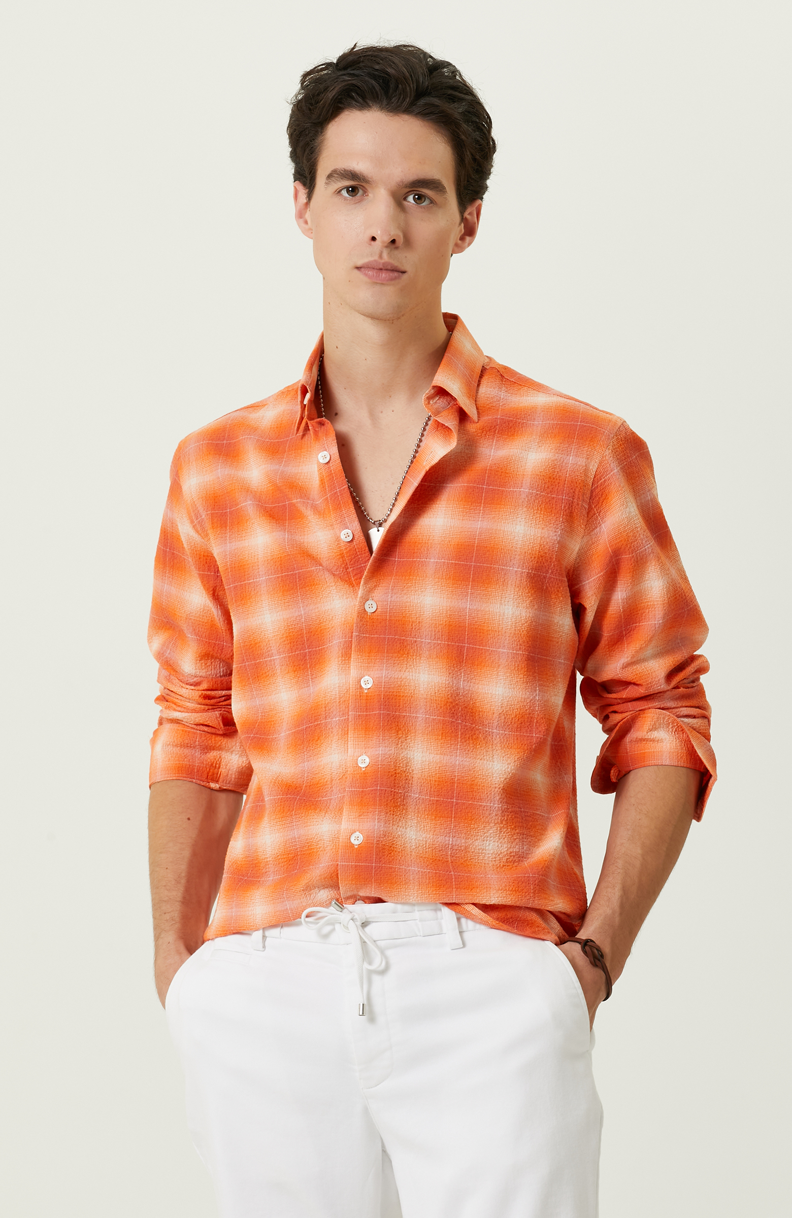 Turuncu Ekose Uzun Kollu Gömlek