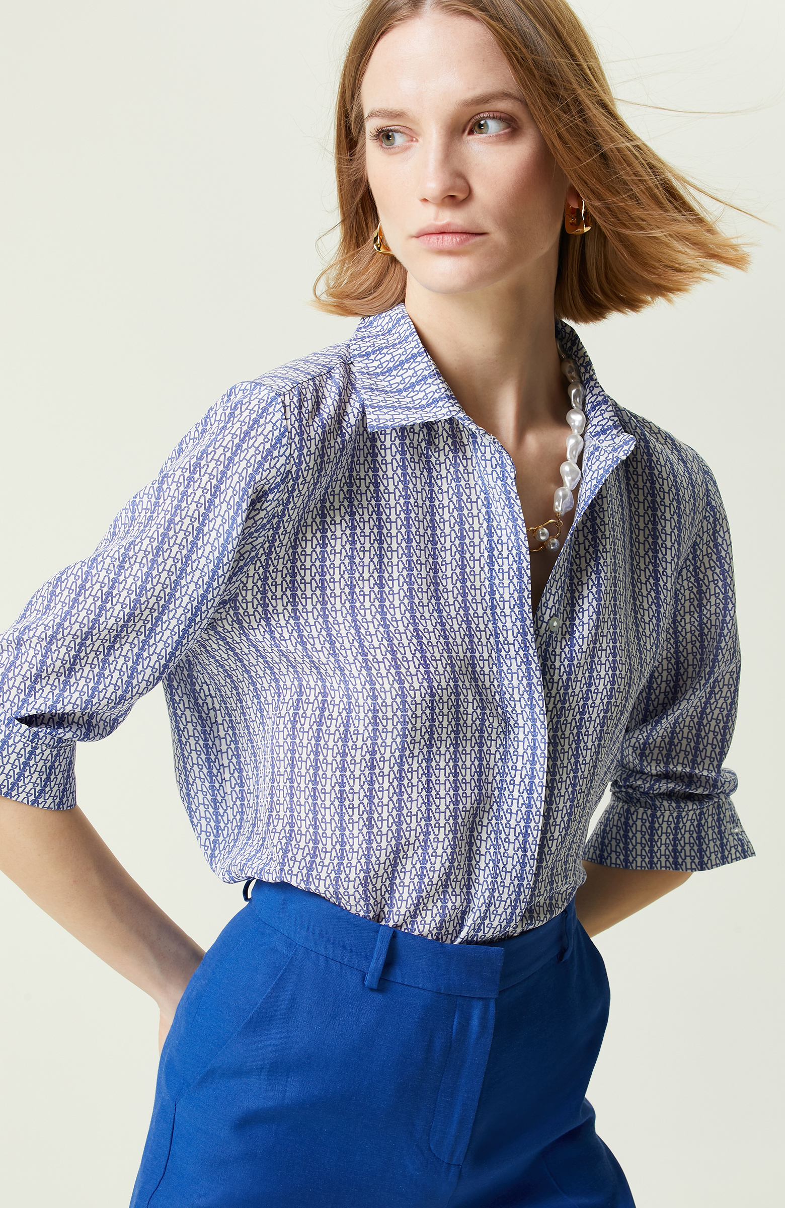 Limited Beyaz Saks Mavisi Uzun Kollu İpek Gömlek