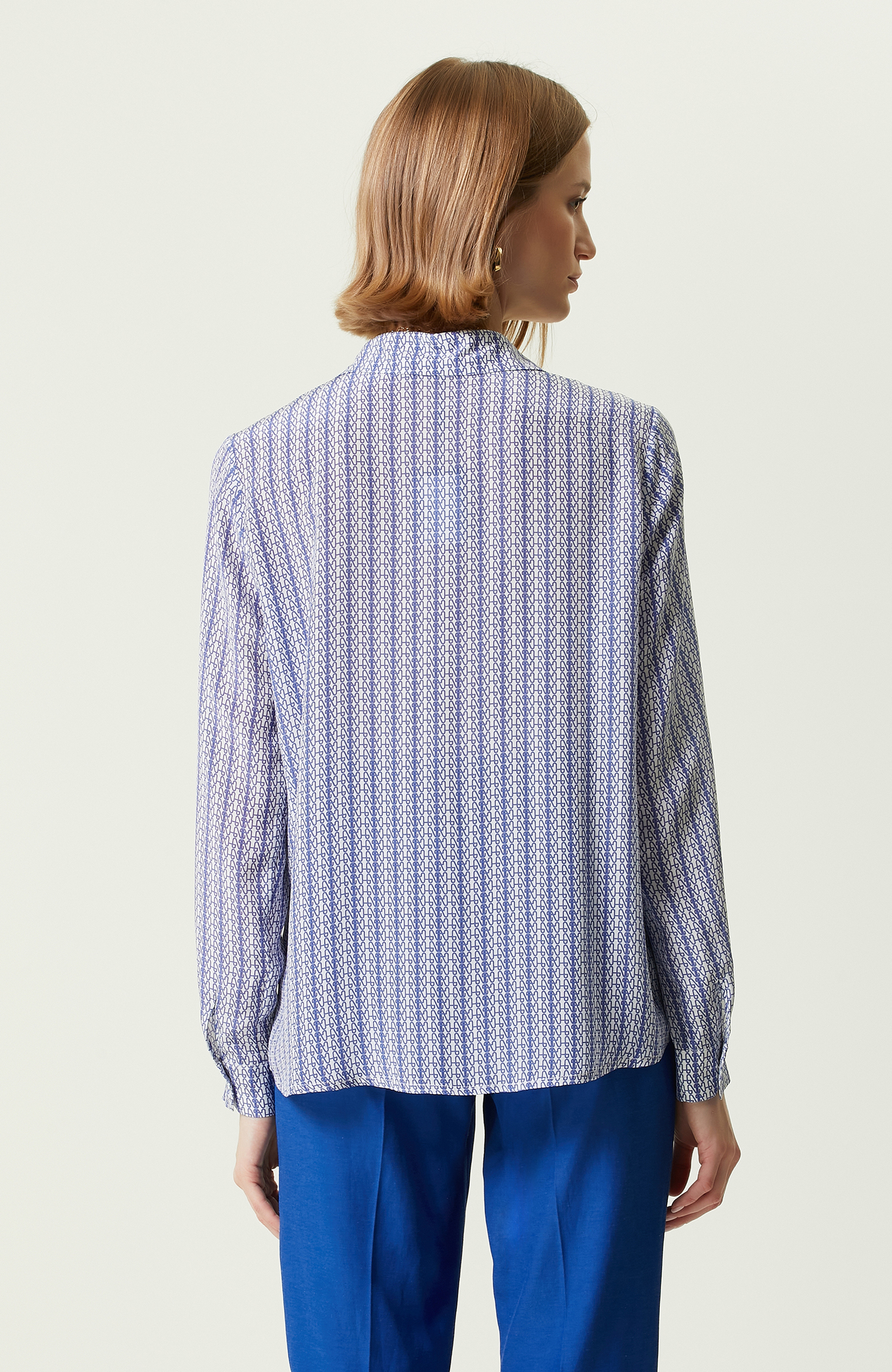 Limited Beyaz Saks Mavisi Uzun Kollu İpek Gömlek