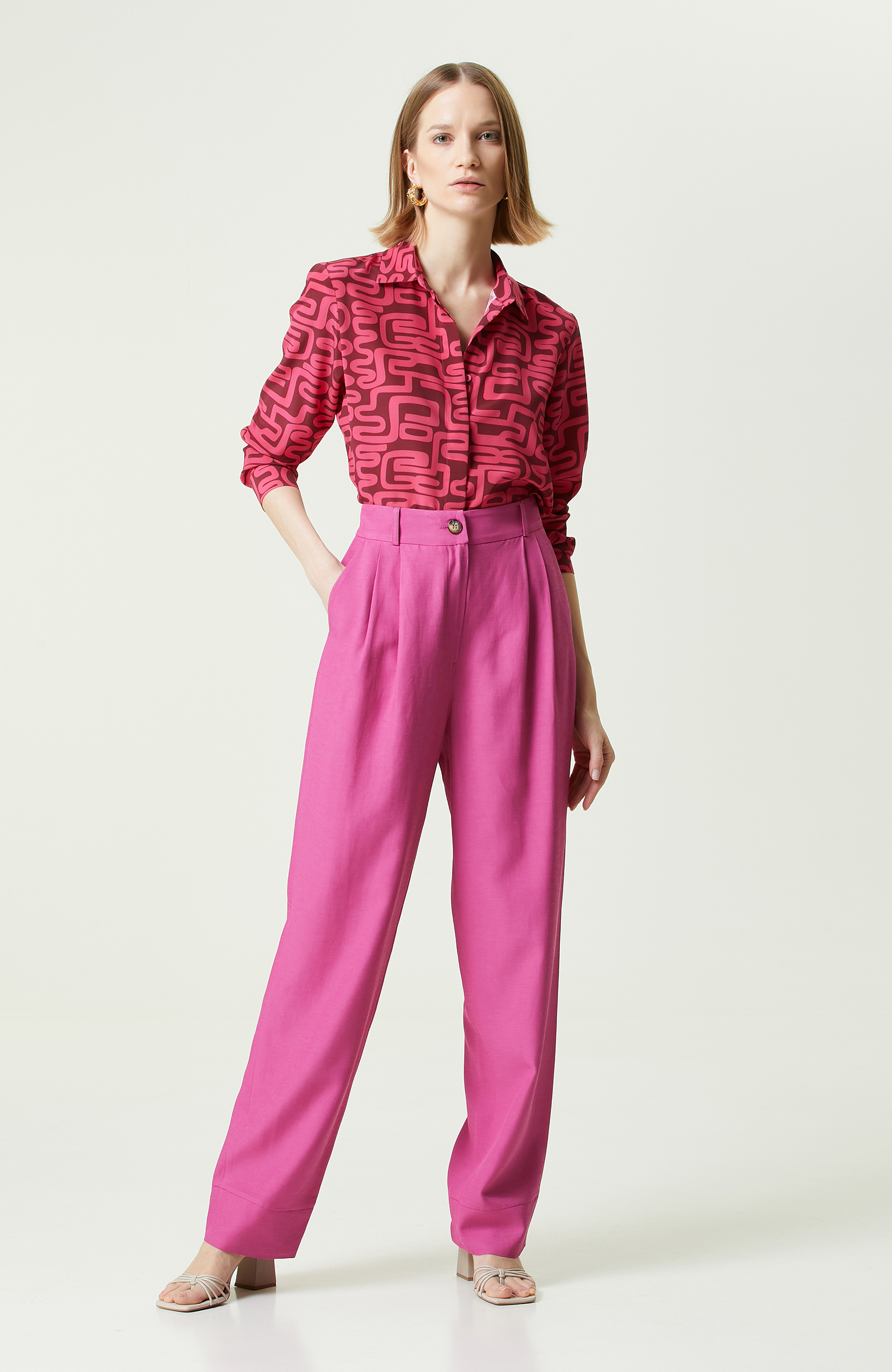 Fuşya Yüksek Bel Bol Paça Pantolon