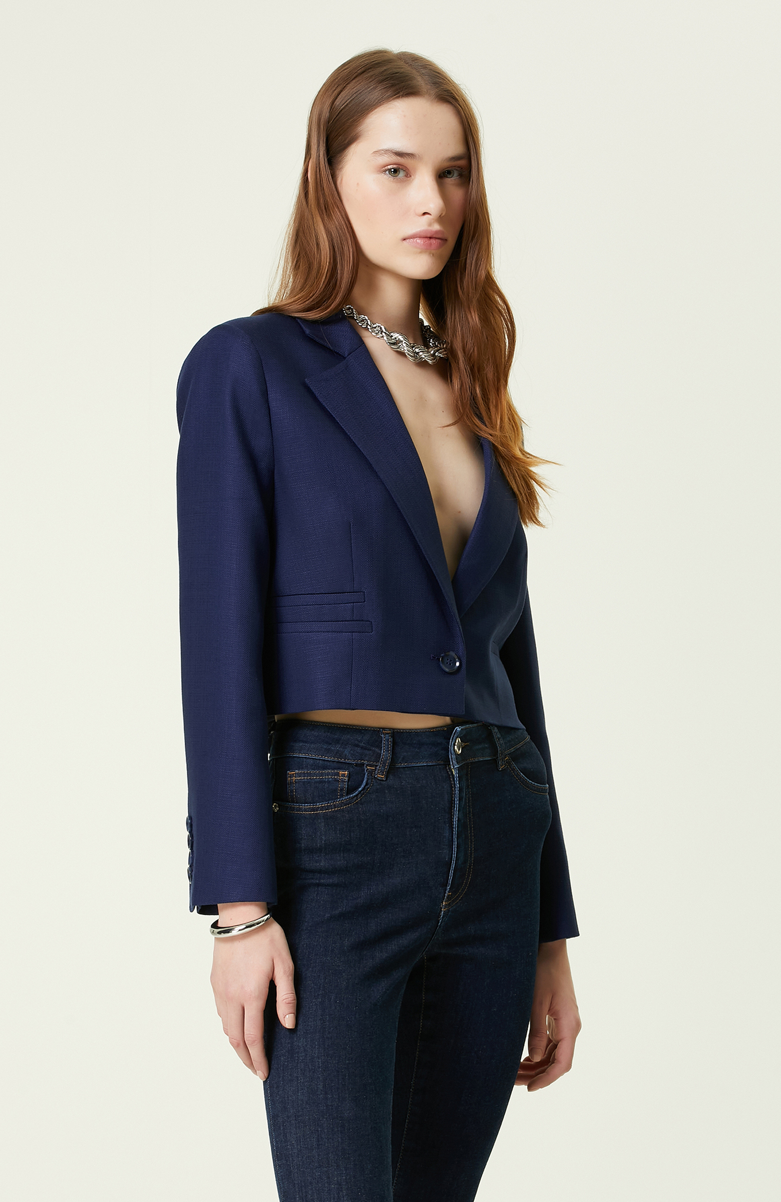 Lacivert Crop Blazer Ceket