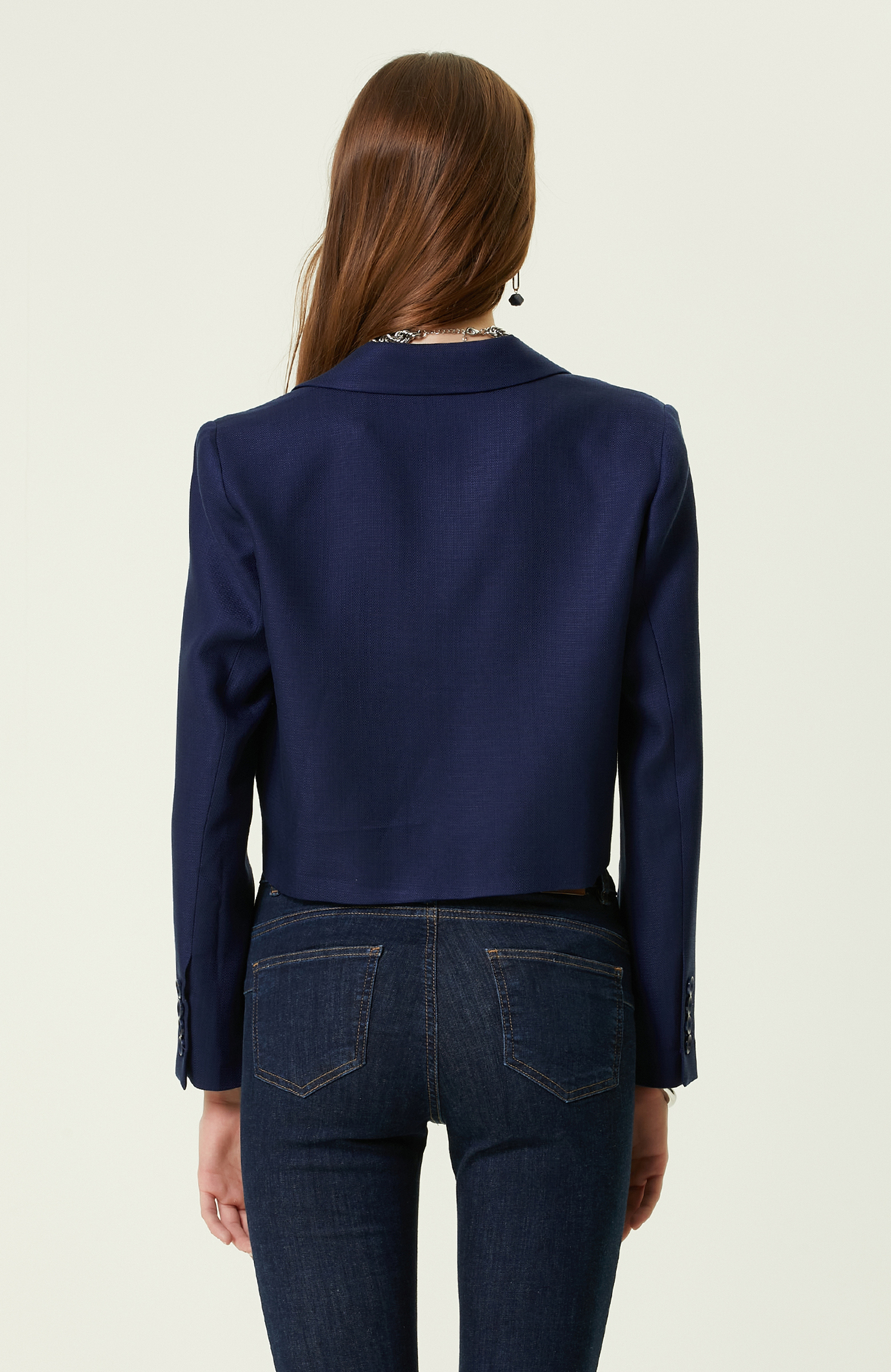 Lacivert Crop Blazer Ceket