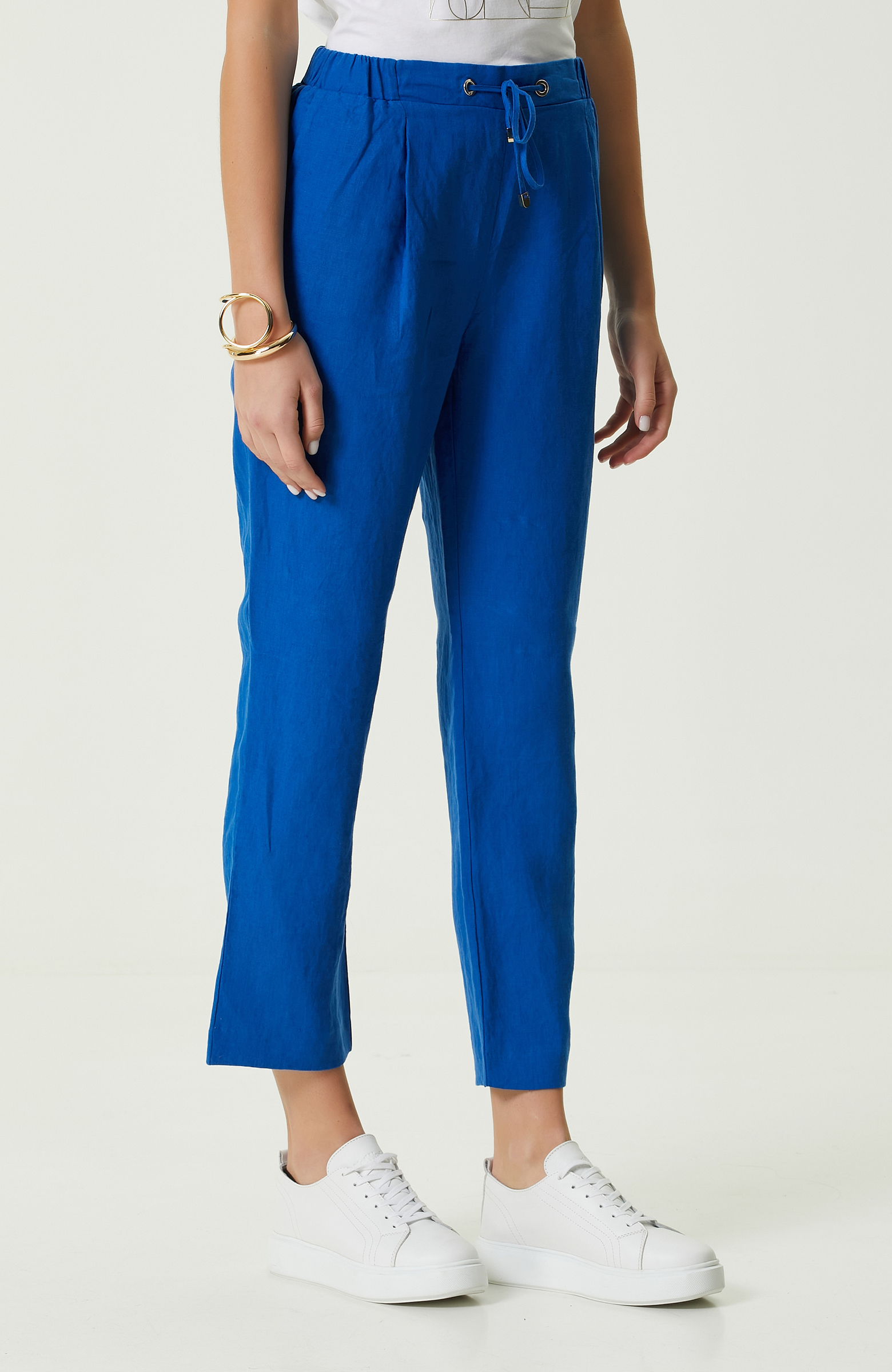 Saks Mavisi Beli Büzgülü Keten Pantolon