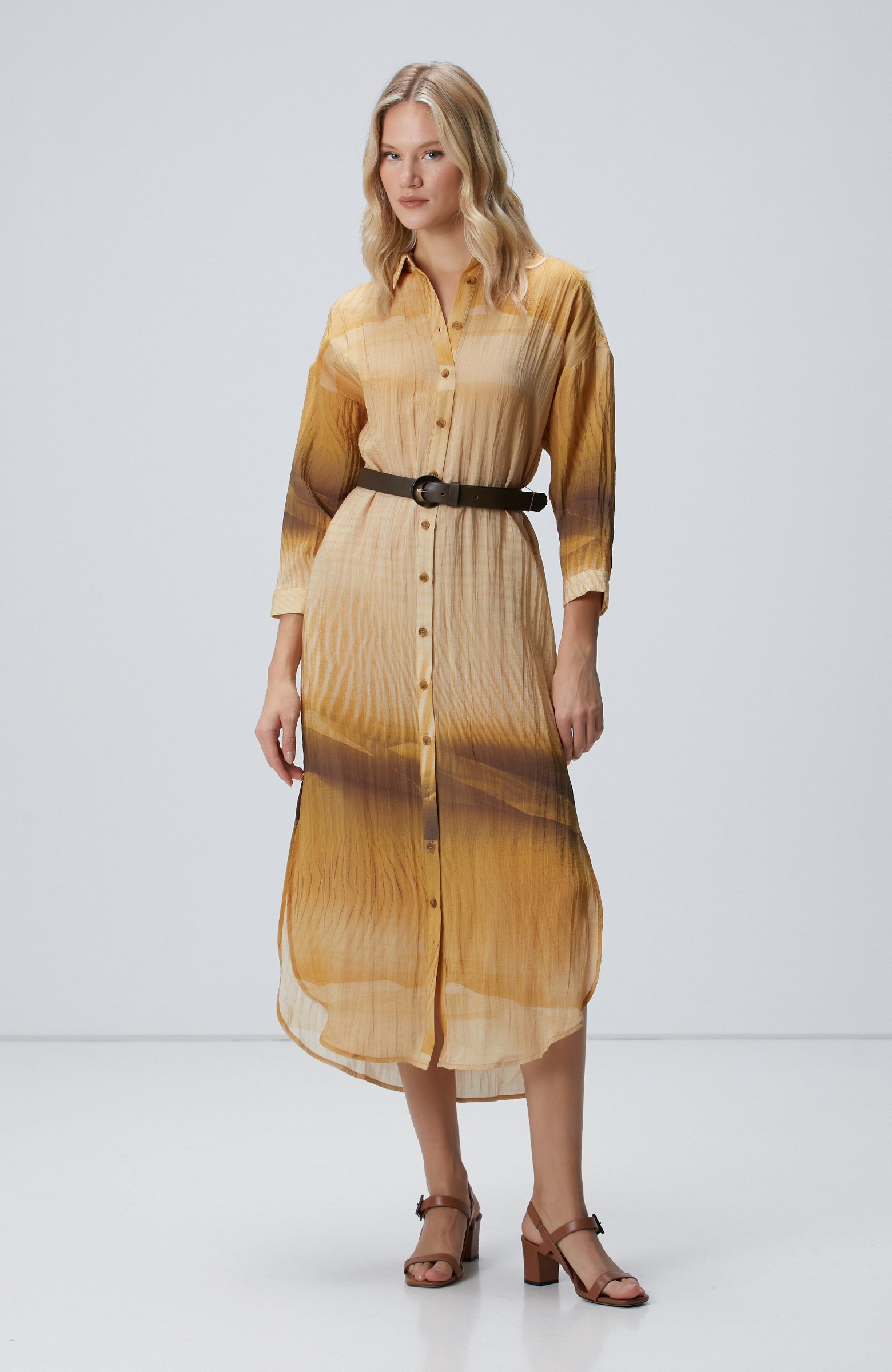 Camel Uzun Kollu Gömlek Elbise