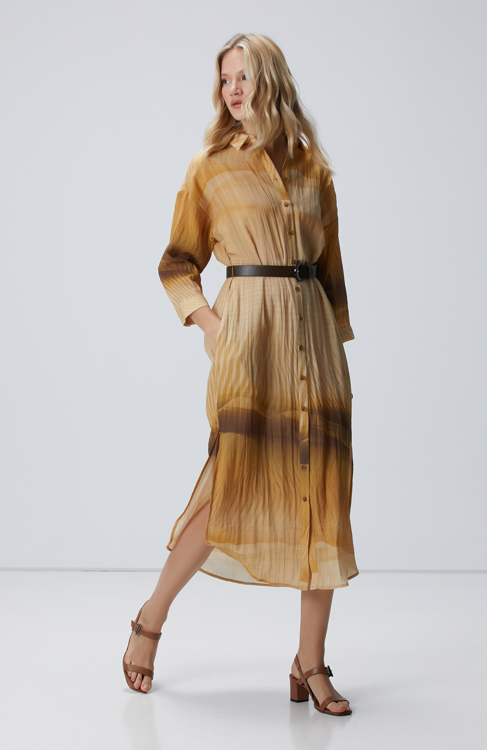 Camel Uzun Kollu Gömlek Elbise