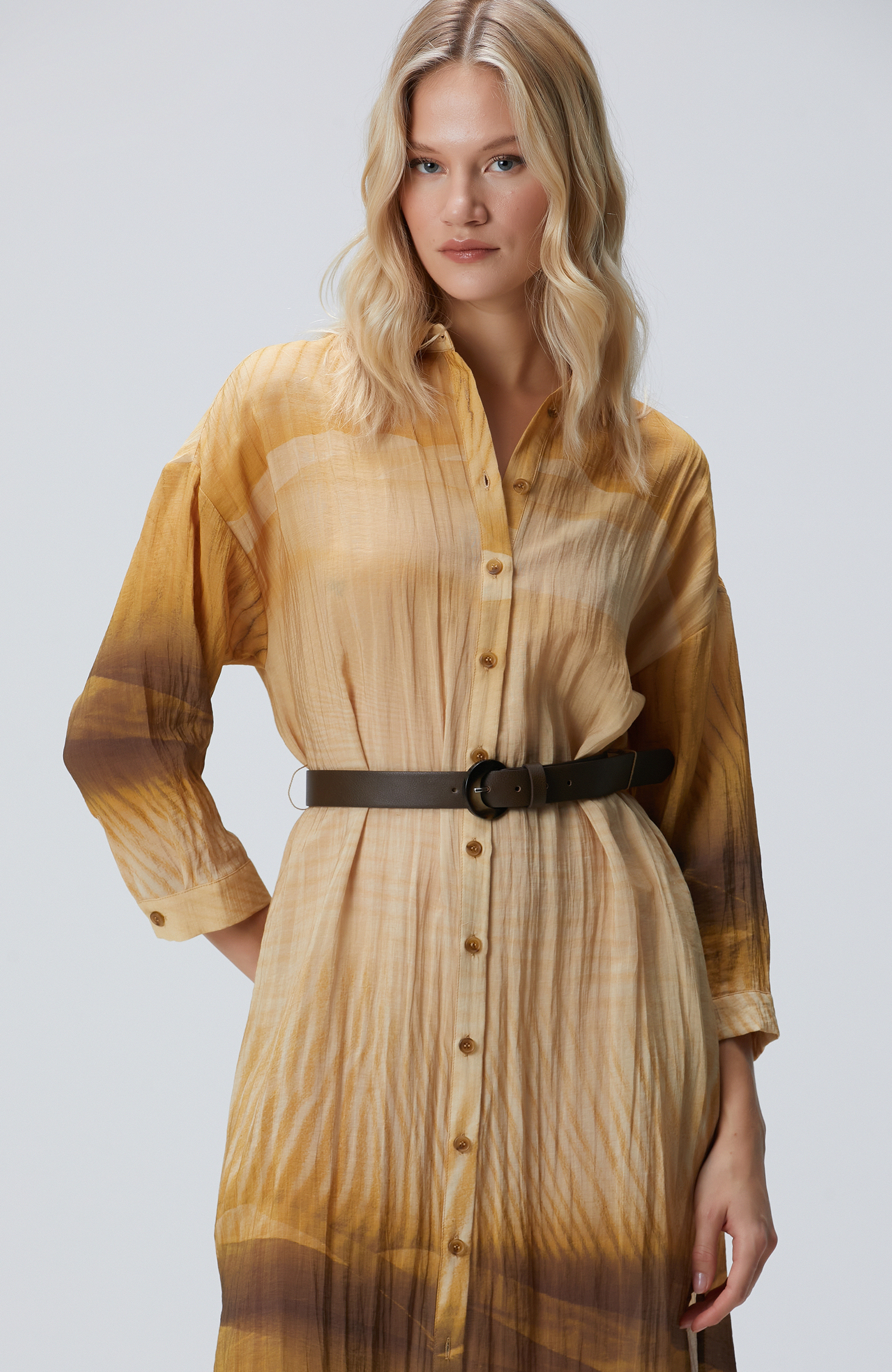 Camel Uzun Kollu Gömlek Elbise