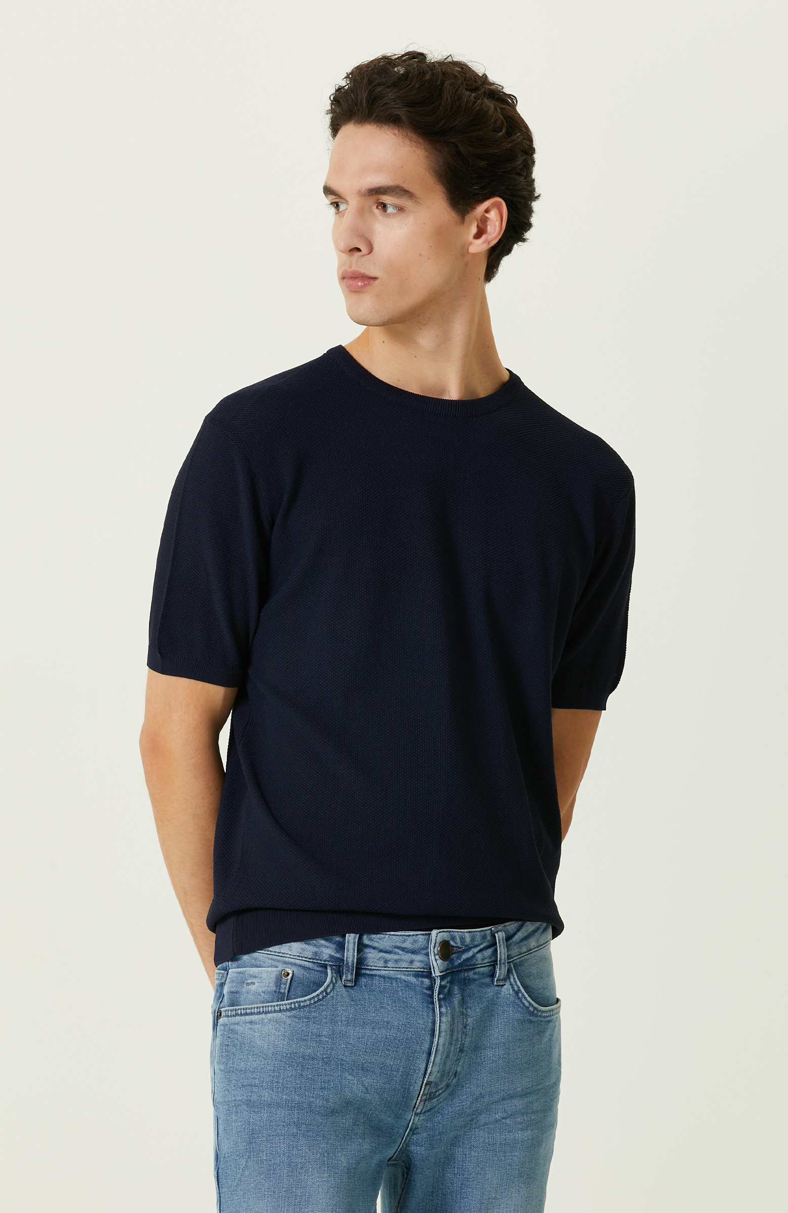 Lacivert Bisiklet Yaka Kısa Kollu Triko Kazak