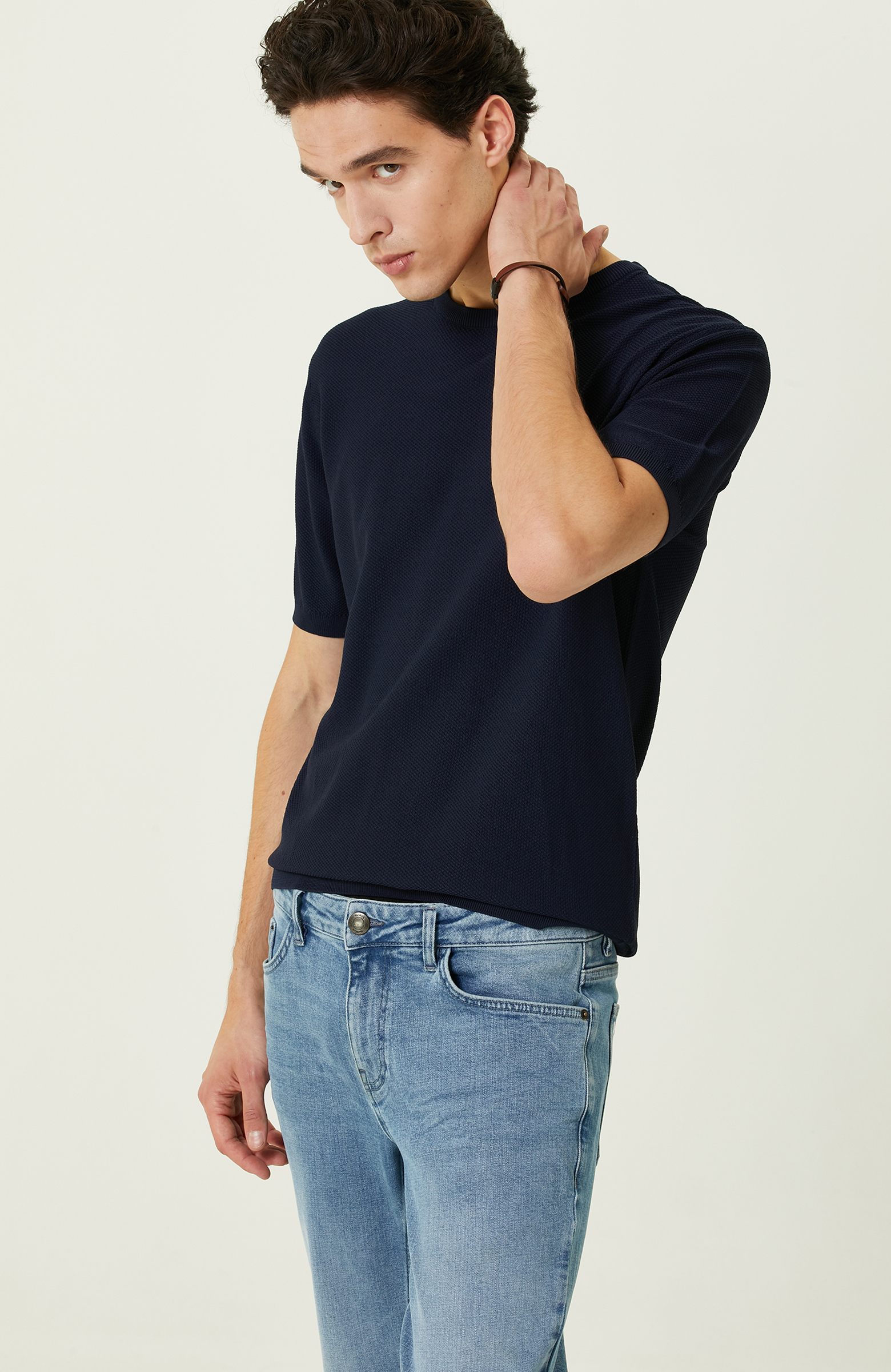 Lacivert Bisiklet Yaka Kısa Kollu Triko Kazak