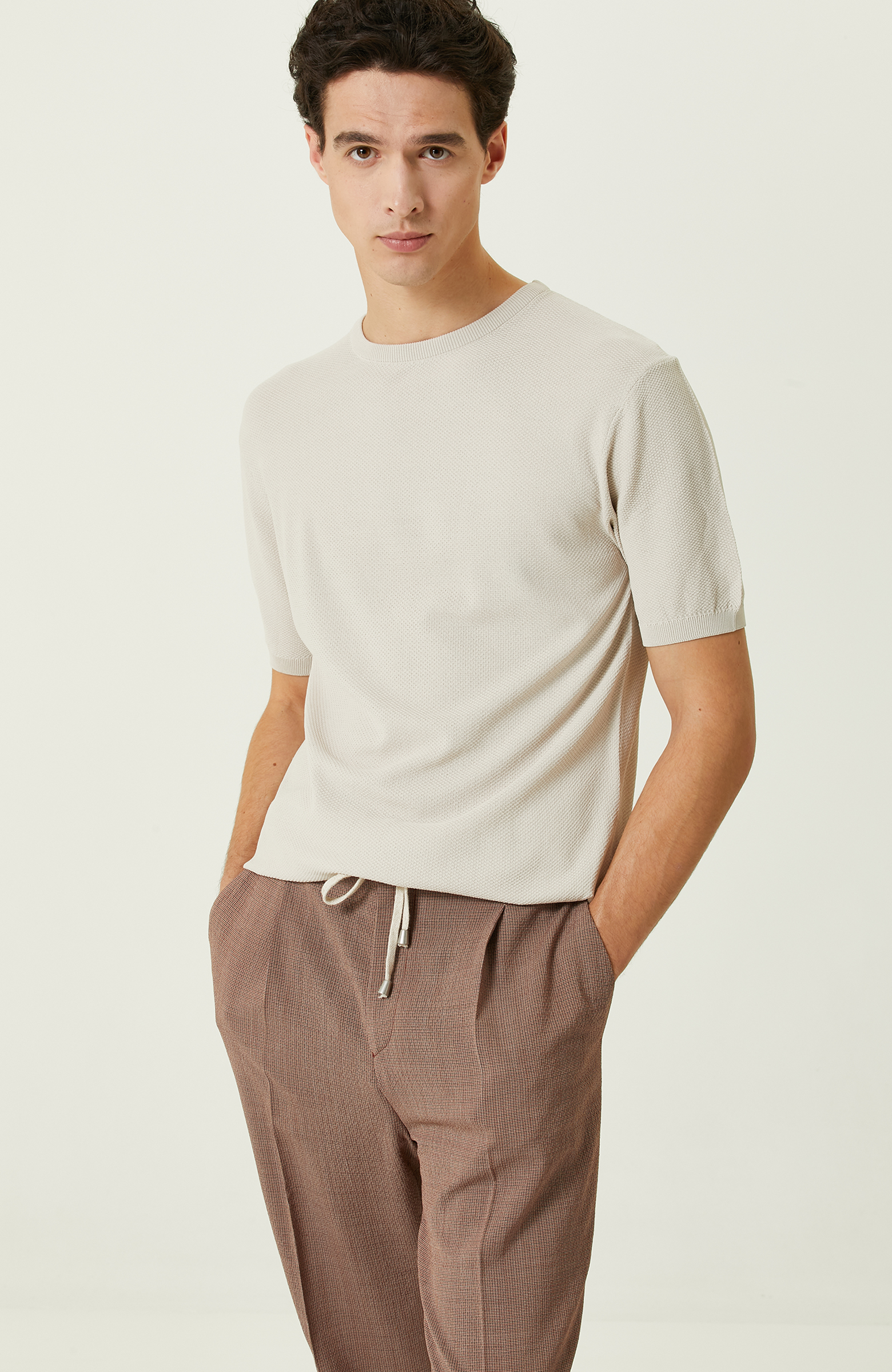 Taş Rengi Kısa Kollu Triko Kazak