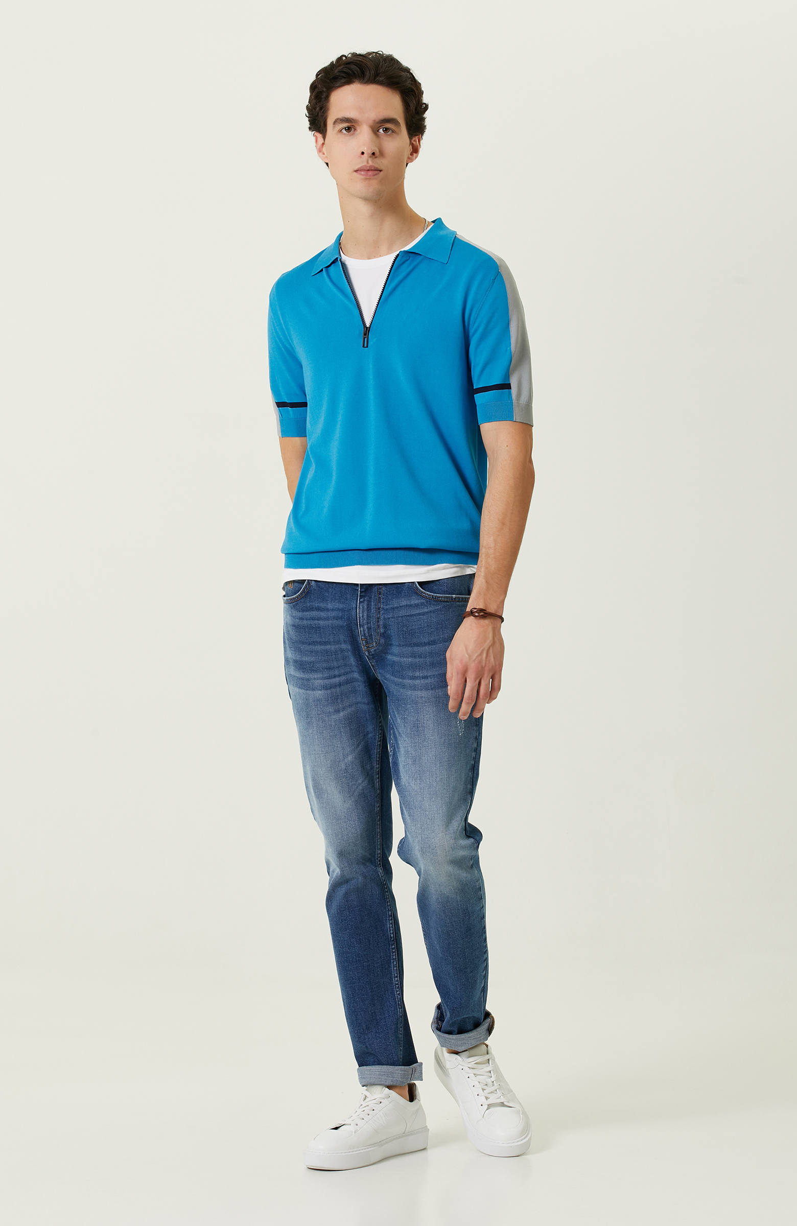 Turkuaz Polo Yaka Kısa Kollu Triko Kazak