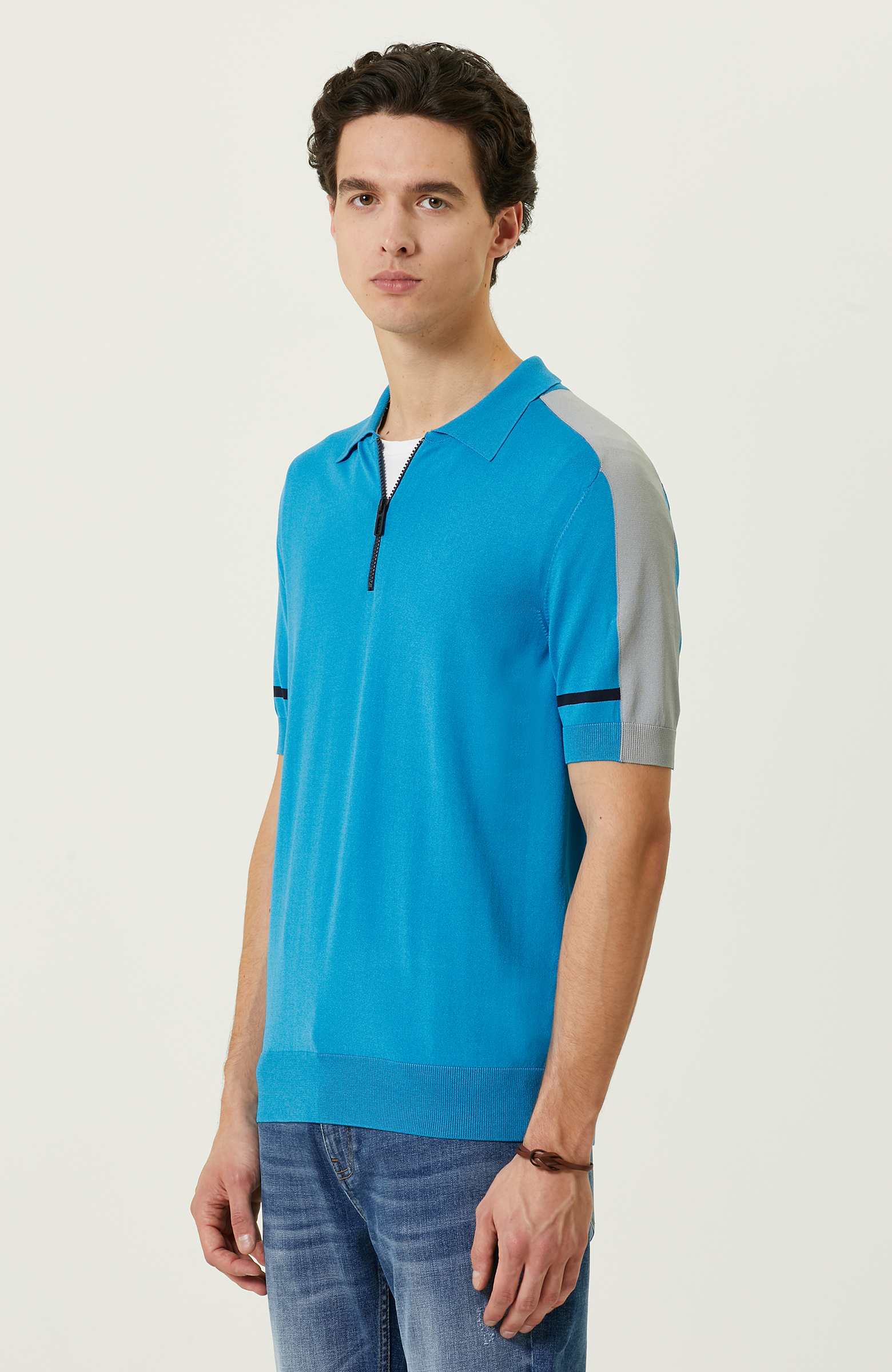 Turkuaz Polo Yaka Kısa Kollu Triko Kazak