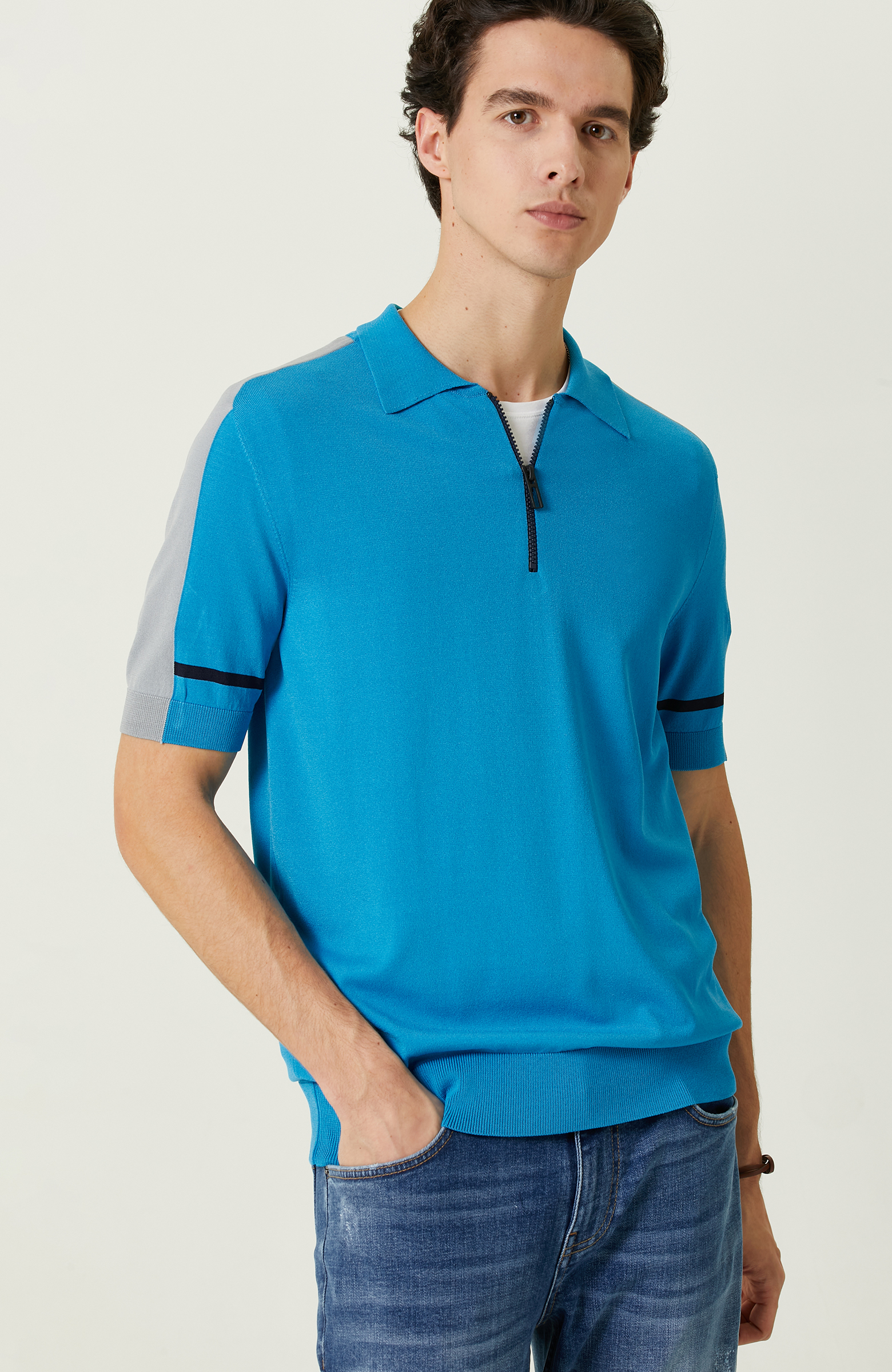 Turkuaz Polo Yaka Kısa Kollu Triko Kazak