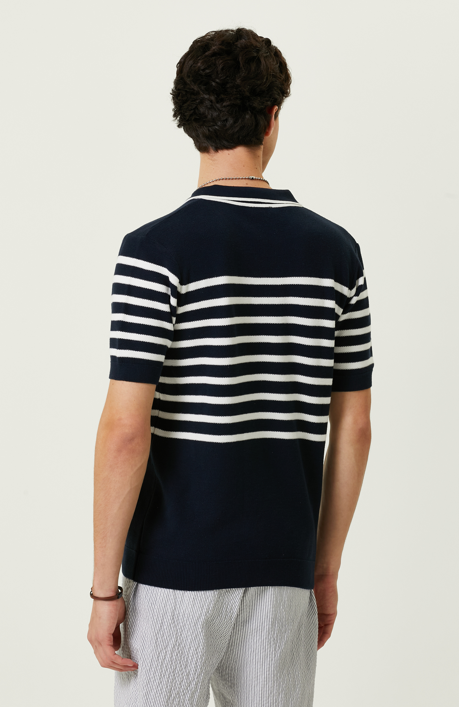 Lacivert-Beyaz Çizgili Kısa Kollu Triko Kazak